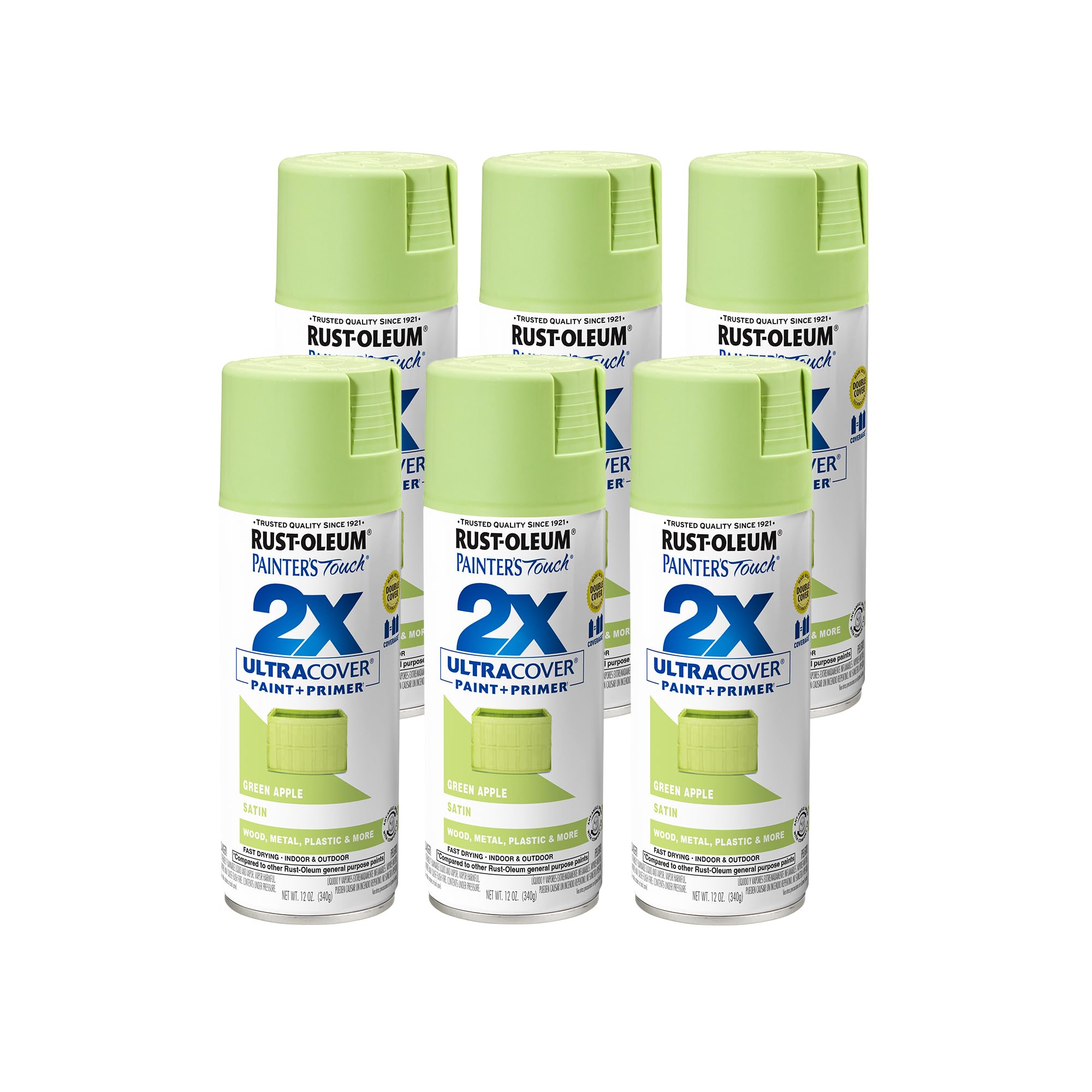 Rust-Oleum 334070-6PK Painter's Touch 2X Ultra Cover Spray Paint, 12 oz, Satin Green Apple, 6 Pack