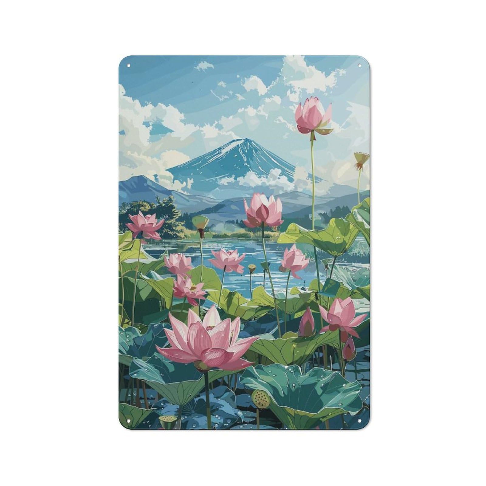 Junmoney Style-16 Decorative Tin Plaque With Lotus Pond With Mt. Fuji Design 30X20cm, Nostalgic Home Bar Decor For Bar, Kitchen, Garage Or Games Room