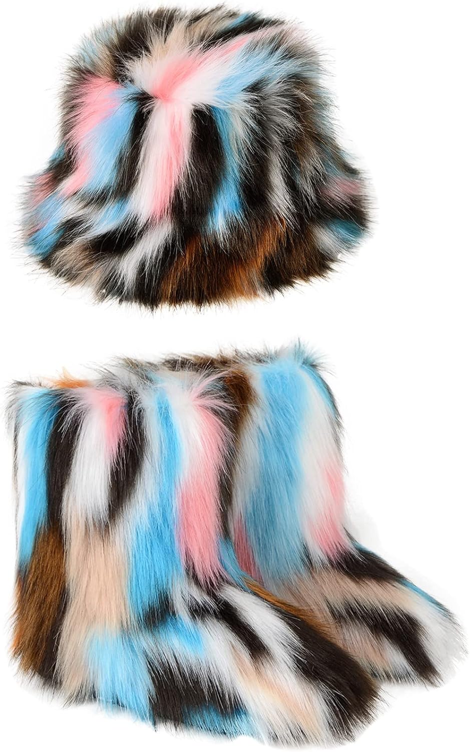 YESBOR Women's Winter Faux Fur Snow Boots Warm Fuzzy Fluffy Bucket Hat Rainbow Fisherman Cap