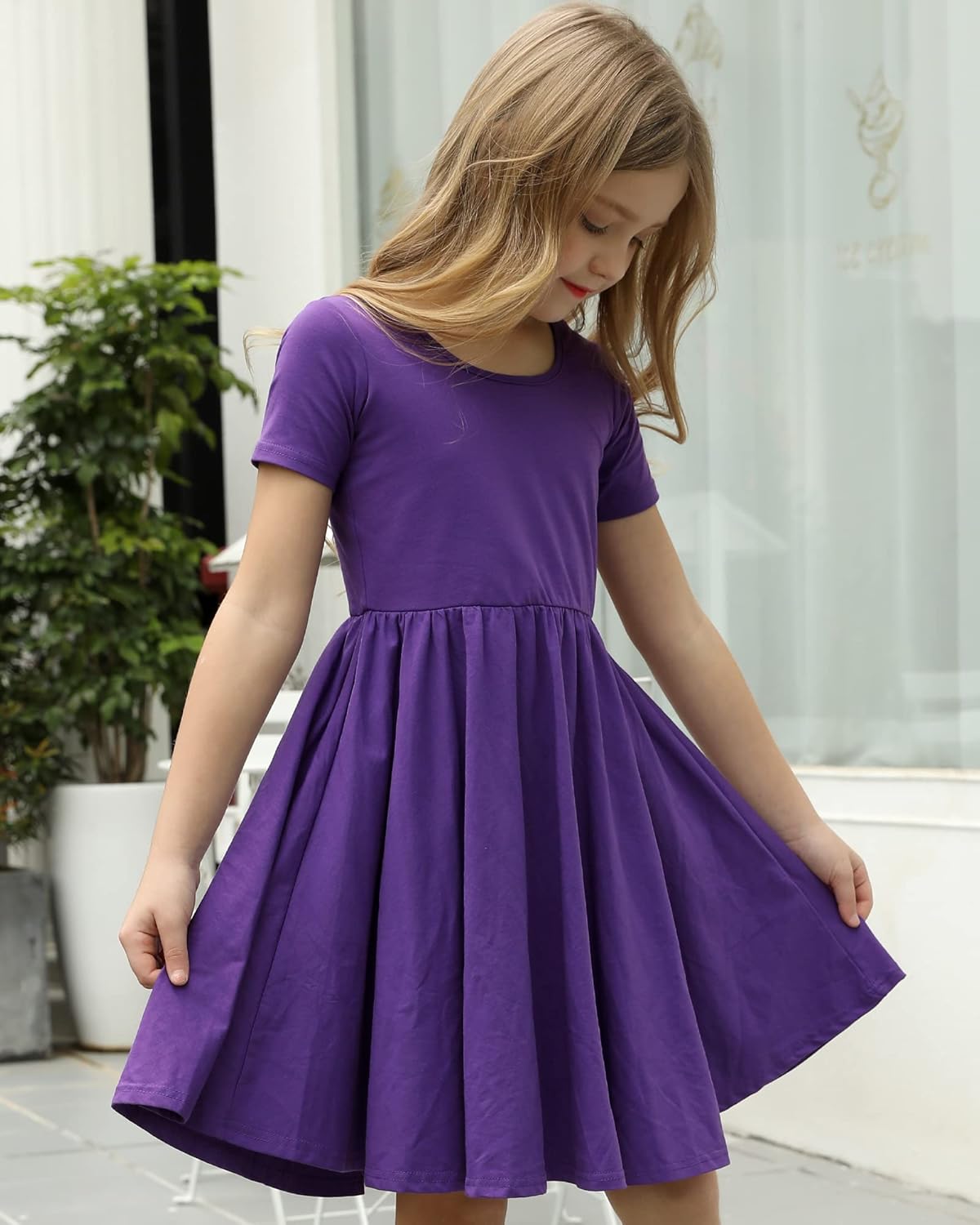 Stelle Girls Short Sleeve Dress Summer Kids Toddler Skater Twirl A Line Solid Color T-Shirt Dress for School Casual 3-12 Y - Image 4