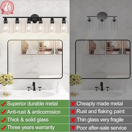 Vista 3 de 6-Light Bathroom Light Fixtures, Black Modern Vanity Lights with Clear Glass Shade, Bathroom Wall Lamp for Mirror Kitchen Living Room Hallway