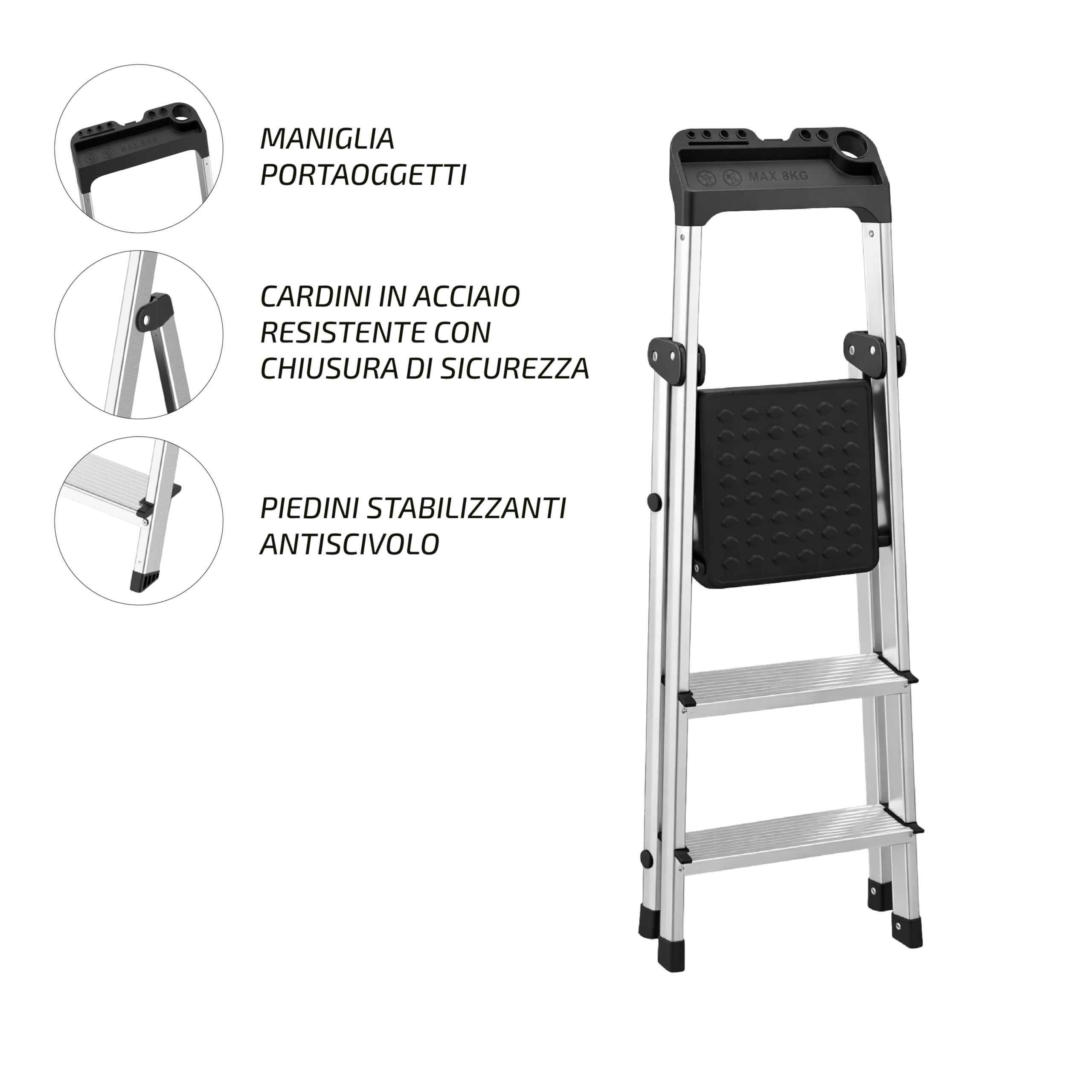 Scala Pieghevole in Alluminio a 3 Gradini con Portaoggetti Integrato || EN-131 || Portata 150kg || Scaletta Domestica Antiscivolo, Stabile e Leggera, con Vassoio Portautensili per Casa e Fai da Te