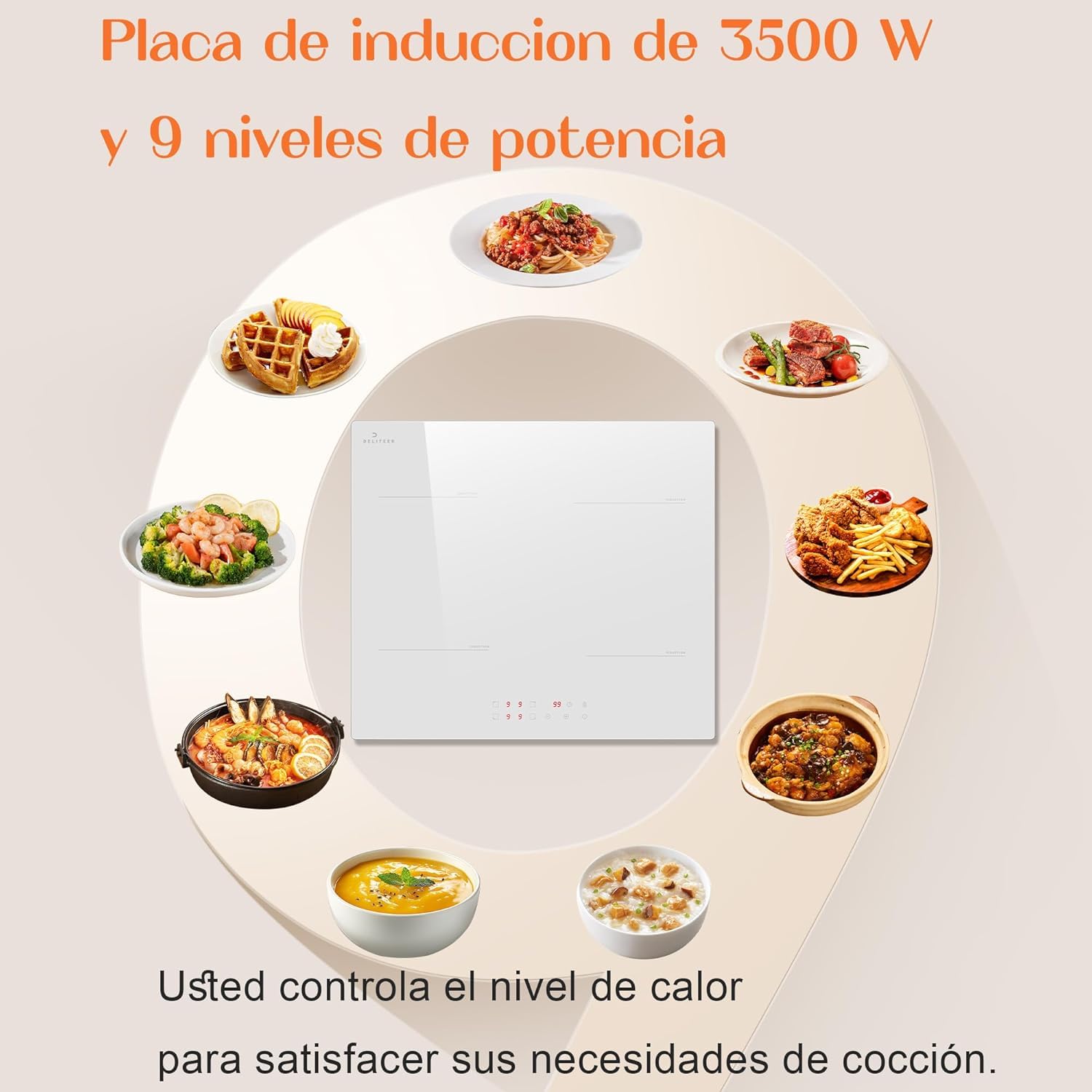 Placa de Inducción 4 Fuegos Blanco DELITEER, Empotrable, 60 cm | Vitrocerámica Blanca, Control Táctil, Bloqueo de Seguridad, Temporizador, 220 V ~ 240 V, 3500 W, con Enchufe