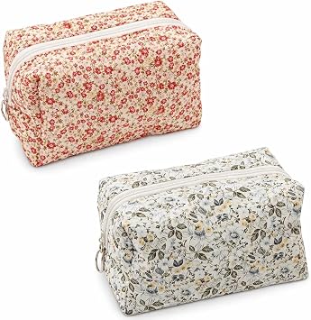 CZFSWT 2Pcs Floral Makeup Bag, Quilted Makeup Bag, Lightweight Design Cosmetic Bag Suitable for Travel Storage and Daily Use