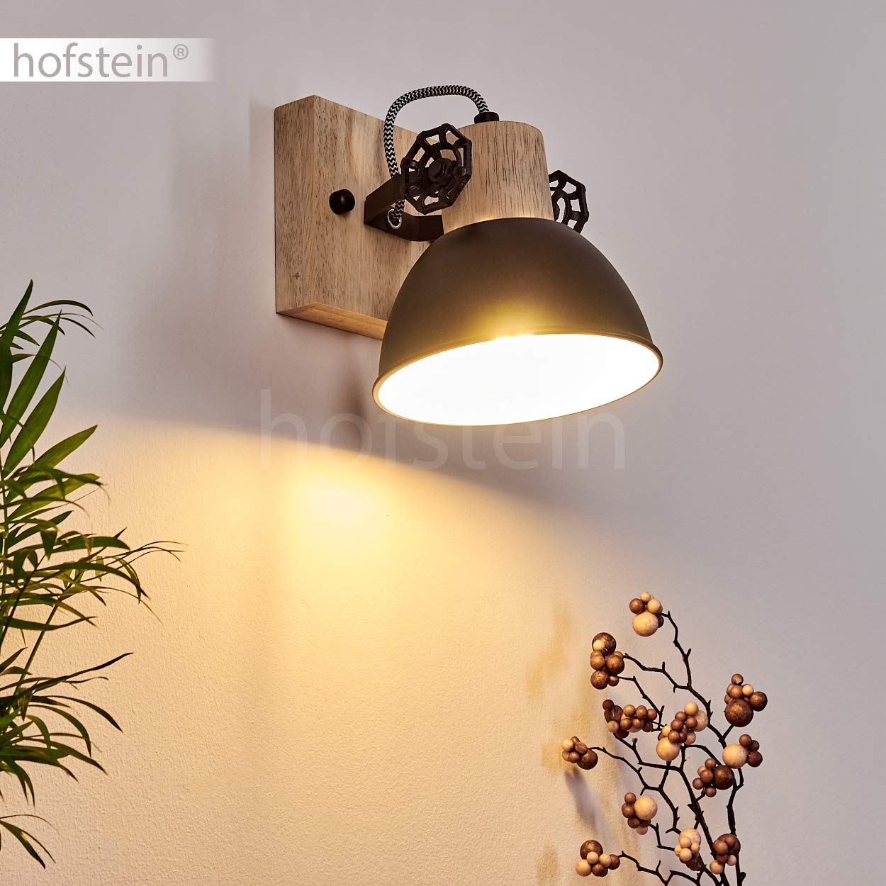Lampada da parete Orny, lampada da parete regolabile in metallo/legno in antracite/bianco/marrone, 1 attacco E27, spot da parete in design retro/vintage, senza lampadina/e