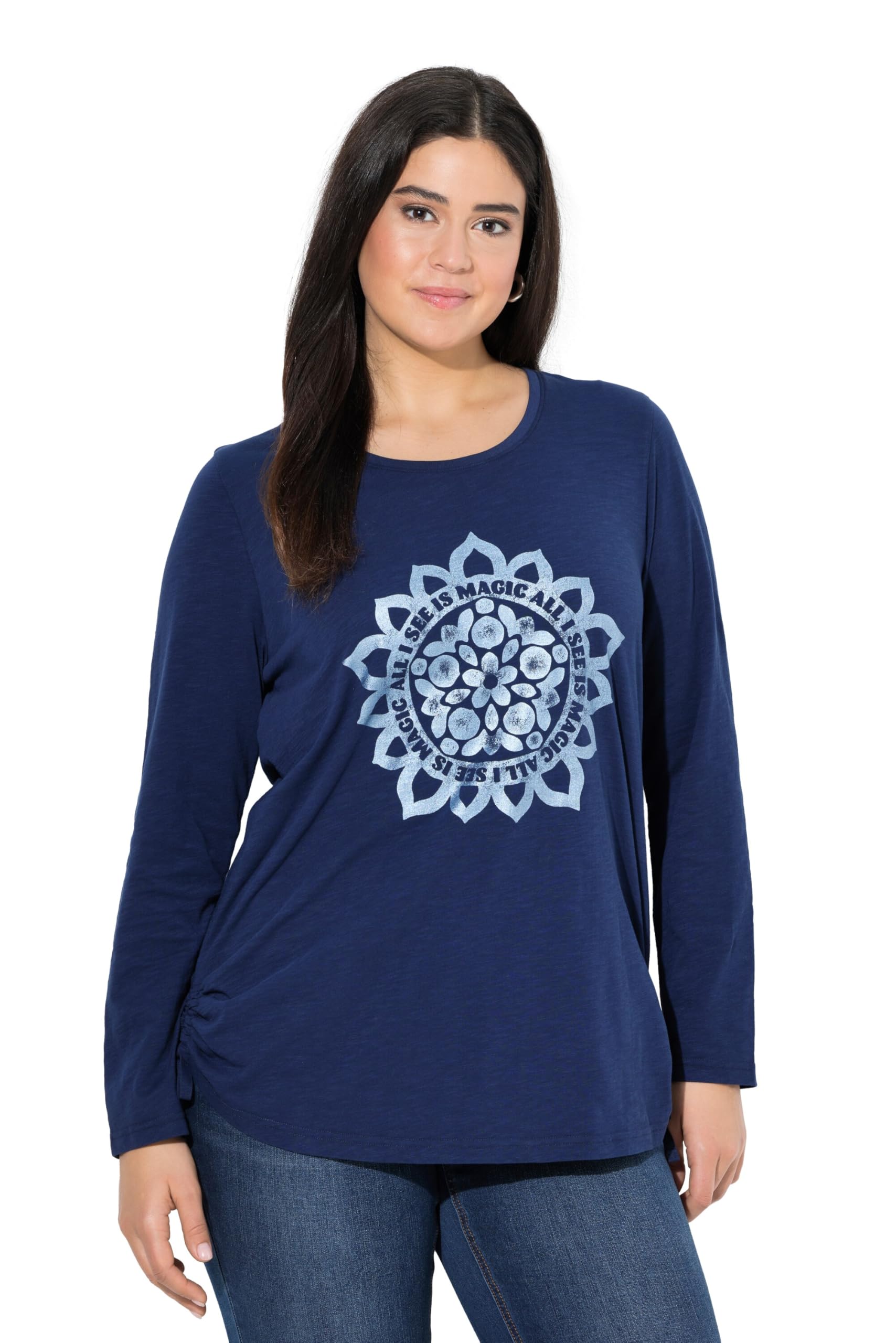 Ulla Popken Damen große Größen Übergrößen Plus Size Shirt, Mandala, Rundhals, Langarm, Raffbänder 842906
