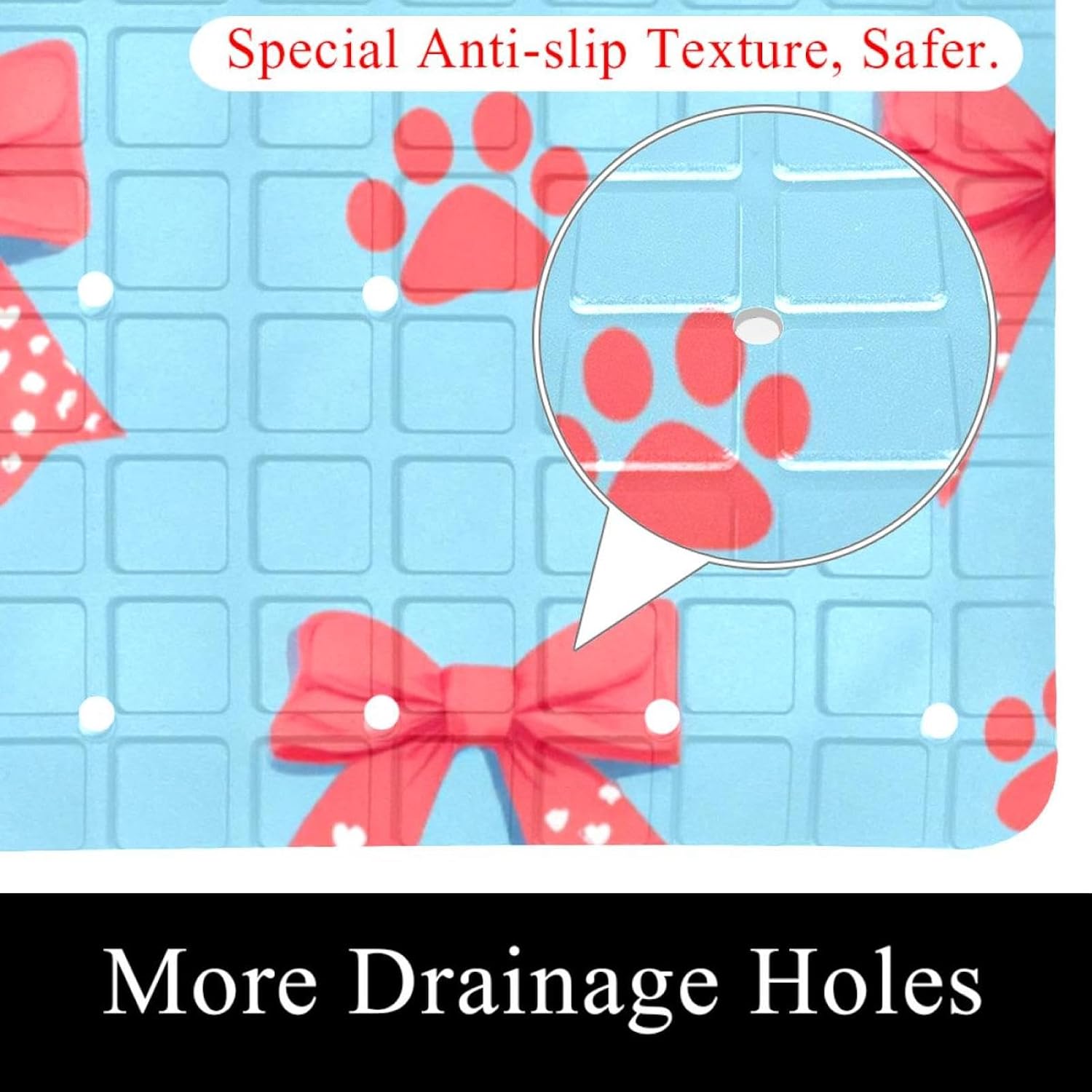 Non Slip Bath Mat for Tub, 15.1 x 26.8 Inch Bathtub Mat Machine Washable Shower Mat with Drain Holes and Suction Cups, Bow Ties Hearts and Cute Paw Prints