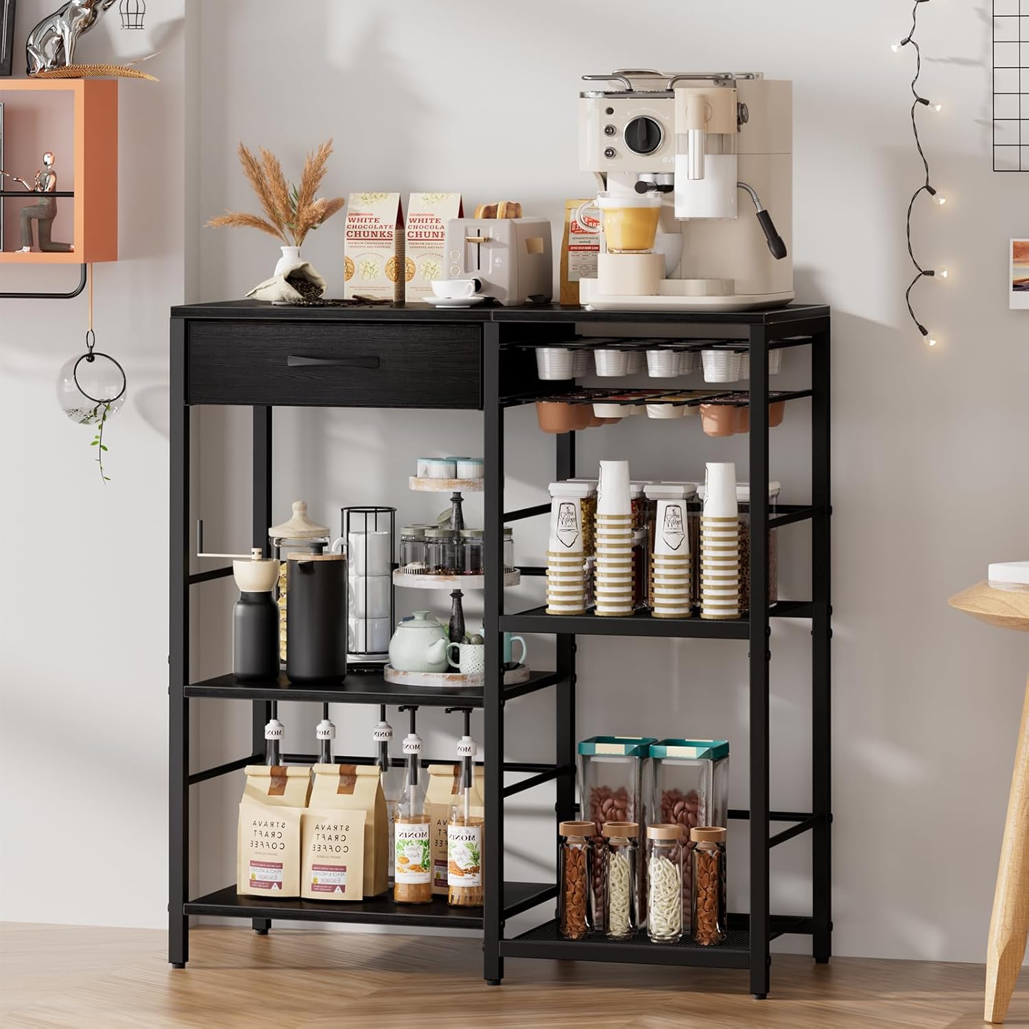 Coffee Bar with Integrated Storage,5-Tier Coffee Bar Cabinet with Drawers,Kitchen Coffee Bar Table with 2-Layer Capsule Drawer,for Living Room and Corner Kitchen Bar Table,Black