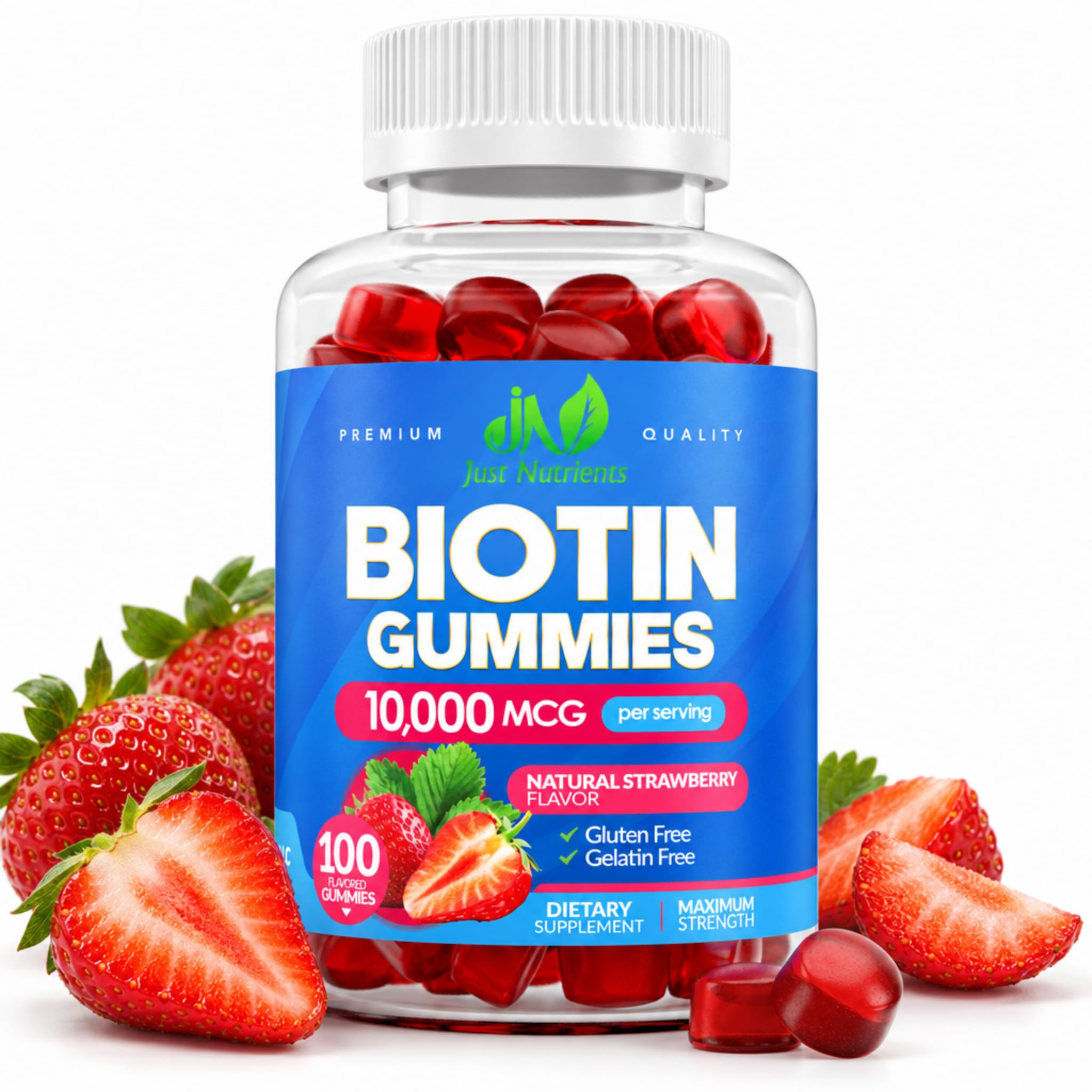 Biotine 10 000mcg Gommies pour la croissance des cheveux, de la peau et des ongles (100 Nombre) - 2x Vitamines de biotine à force maximale pour les femmes et les hommes - Sans gluten, végétalien, non OGM, grand goût de fraise - 100 Gommies