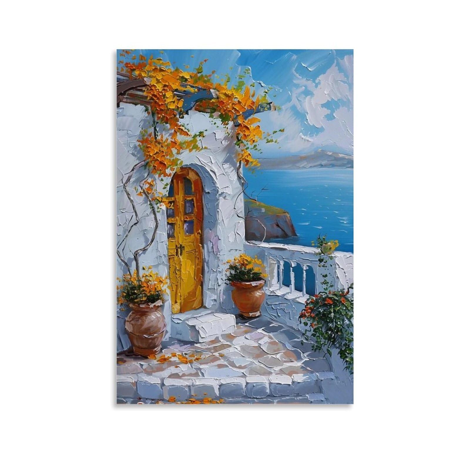 WHOUHJYE Aegean Yellow Door 04 Poster Wall Art Canvas Vintage Aesthetic Painting Decor for Rooms 20x30inch Unframe-style