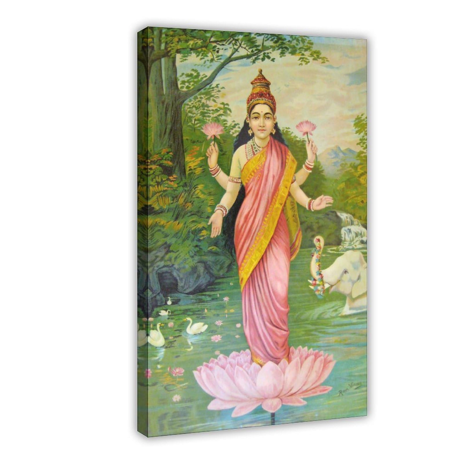 WCYB Lakshmi By Raja Ravi Varma - Goddess of Luck Posters Prints Canvas Deco Paintings Wall Art Frame 16" L X 24" W
