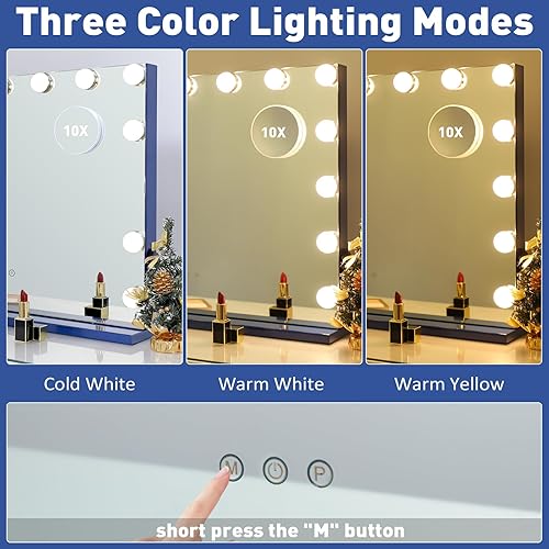 Miniatura 10 de HOMPEN Espejo de maquillaje con luces, espejo de tocador grande iluminado Hollywood con 15 bombillas LED regulables, 3 modos de color, control