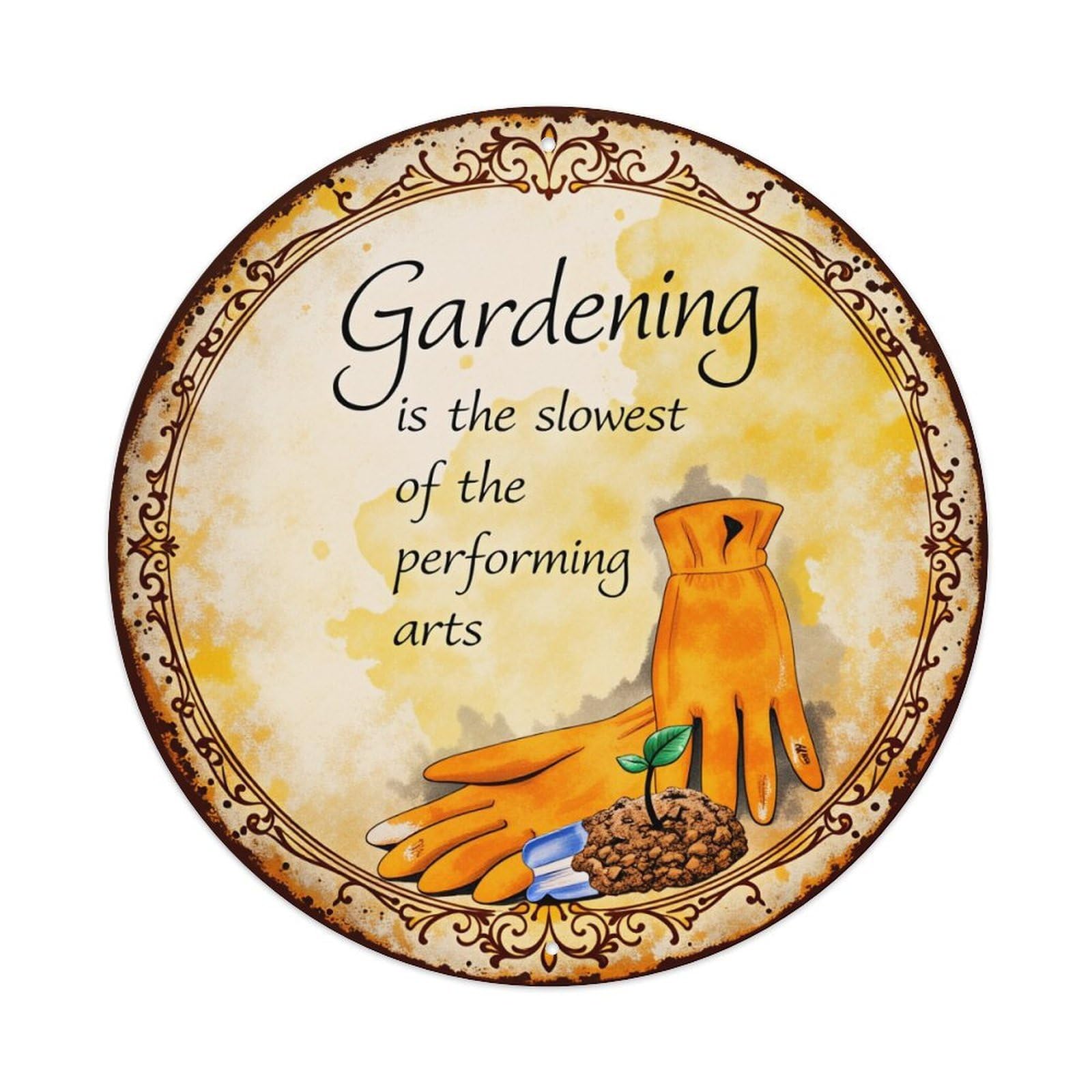 Gardening Gloves Plant Soil Art Round Tin Sign Vintage Style Metal Sign Home Bar Garden Wall Plaque Decor Metal Poster 8x8 Inch