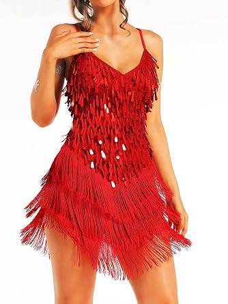 GORAIS Tassel Latin Dance Dress Royal Blue Sequin Fringe Dresses for Women