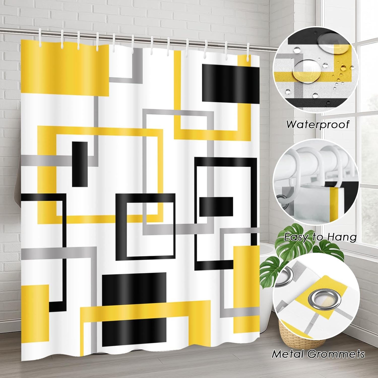 ArtSocket Geometric Yellow and Gray Bathroom Set with Shower Curtain Rugs Accessories, Black and Gray Modern Shower Curtain, Yellow Bathroom Decor 4 Pcs thumbnail
