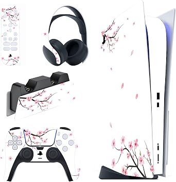 PlayVital Full Set Skin Decal for PS5 Console Disc Edition, Sticker Vinyl Decal Cover for PS5 Controller & Charging Station & Headset & Media Remote - Falling Cherry Blossom
