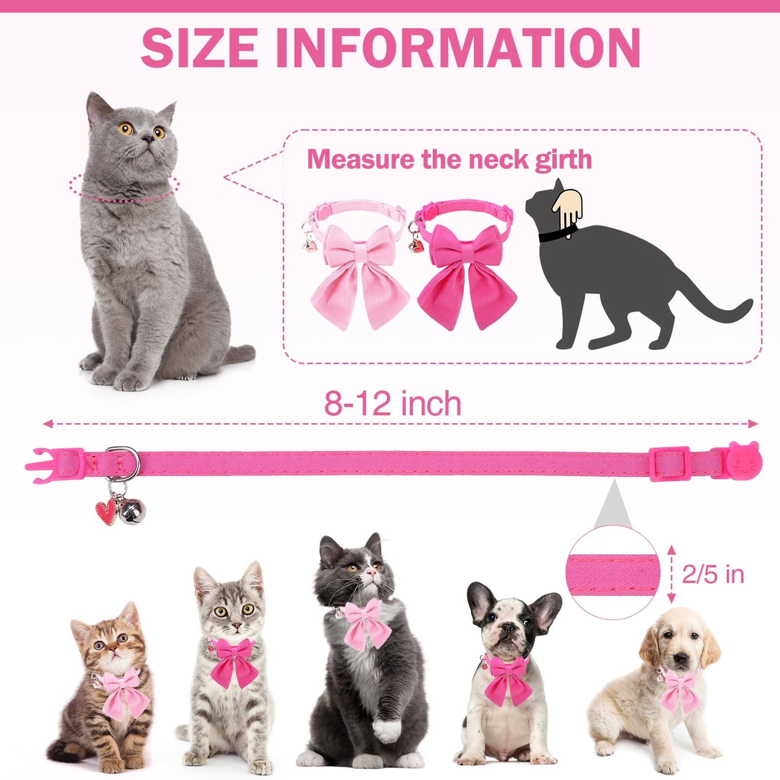 Collar de gato con campanas, collar de lazo rosa para gatos hembra, collar de gatos pequeños con lazo para primavera y verano, paquete de 2 collares suaves y bonitos con cuello de camisa