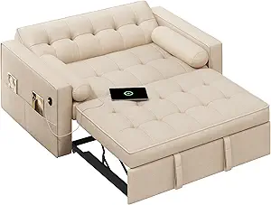 DWVO 3-in-1 Convertible Sleeper Sofa Bed, Folding Futon Couch with Pullout Bed, 5-Level Backrest, USB Ports, Storage Pockets, and Pillows, Modern Lounge Furniture for Living Room (Beige)