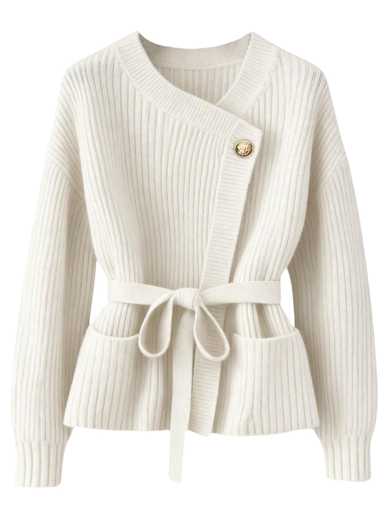 Women's Old Money Ribbed Knit Cardigan Long Sleeve Asymmetrical Belted Sweaters-image-25
