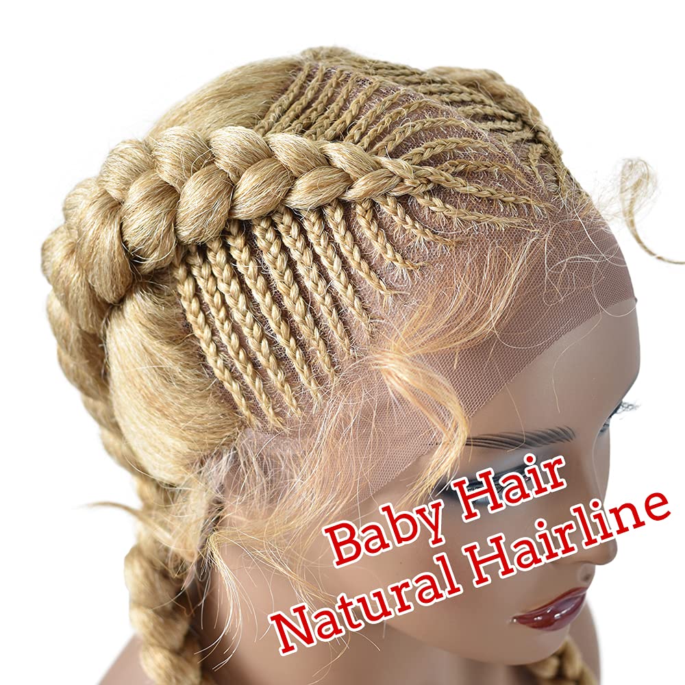 Box Braided Wigs For Black Women Swiss Lace Front With Baby Hair Natural Hairline Hand Tied Dutch Twins Cornrow Size: 24 Inch