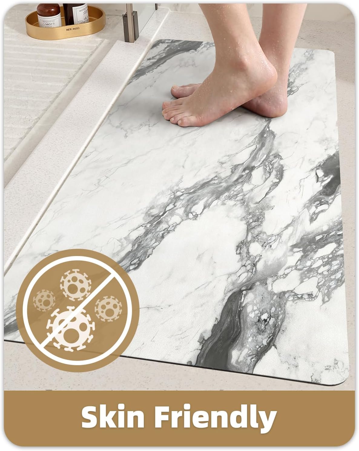 Color&Geometry Ultra Thin Bathroom Rugs Non Slip,Absorbent Quick Dry Bath Mats for Bathroom,Thin Bath Rugs Washable with Rubber Backing Fit Under Door Outside Shower,Gray-Veined White,16"x24"