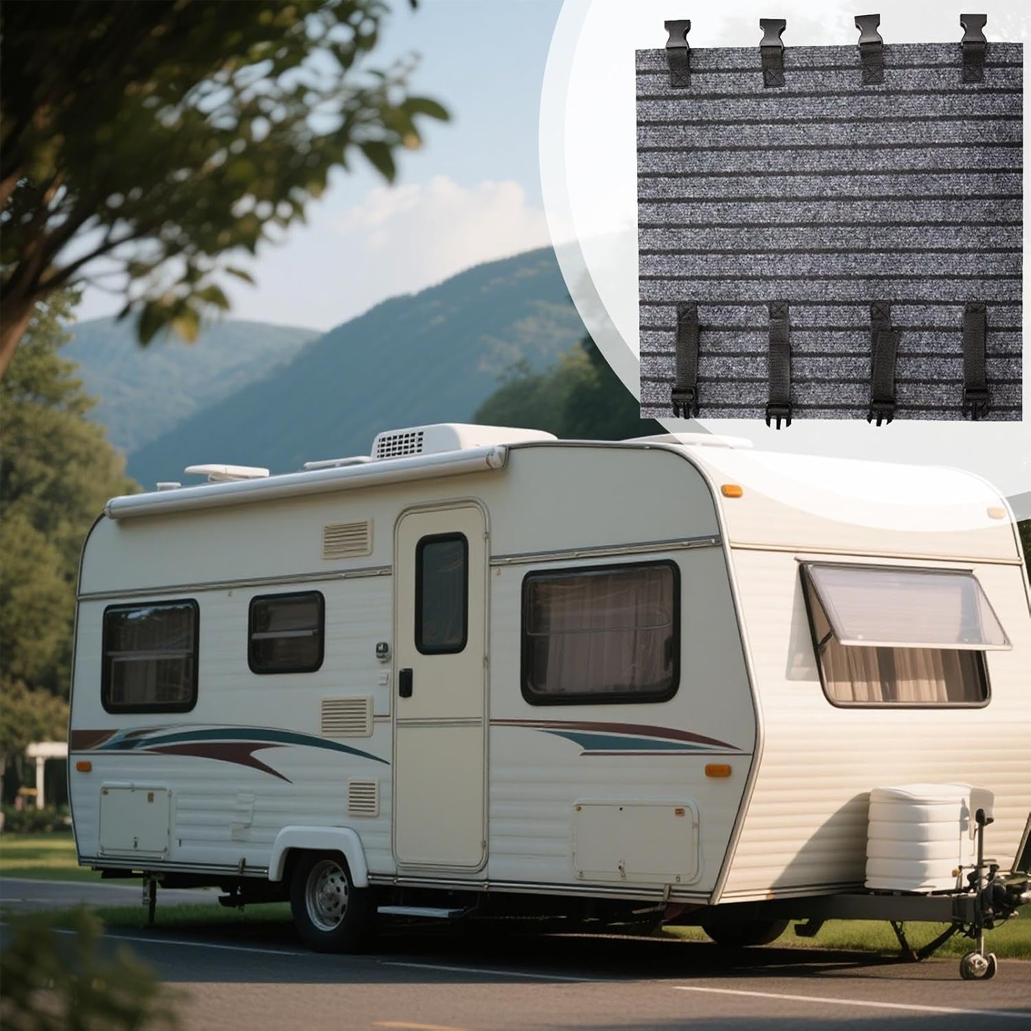 RV Step Covers, Buckle RV Stair Pad, Double-Layer Backing Design Non-Slip Deck Pad with Weather Resistant Fabric, Easy Install for Camping Car Travel Mobile Home Long-Term Parking Outdoor Protection