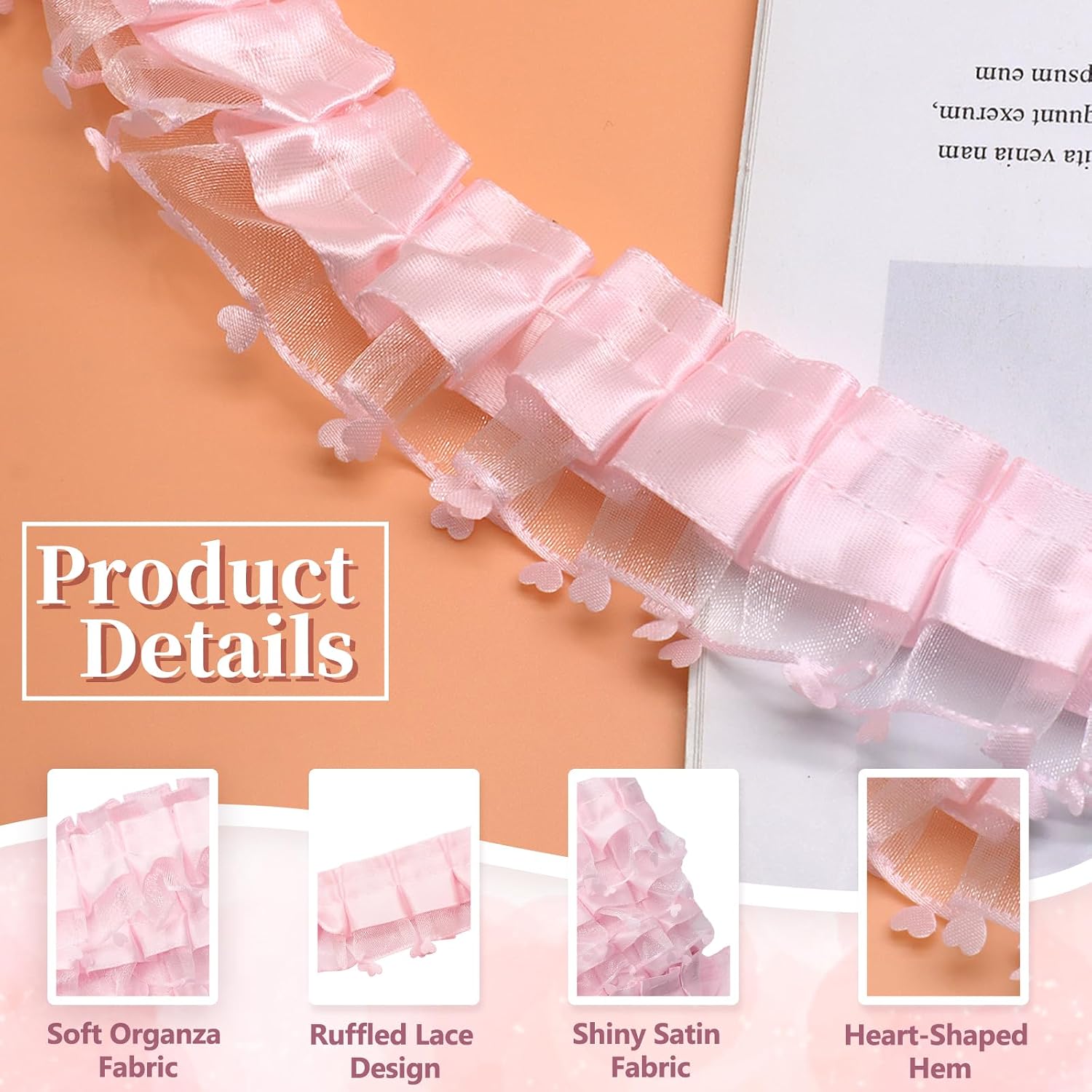 Vonty Light Pink 2-Layer Lace Ruffle Trim Organza Satin Heart Edge 11 Yds