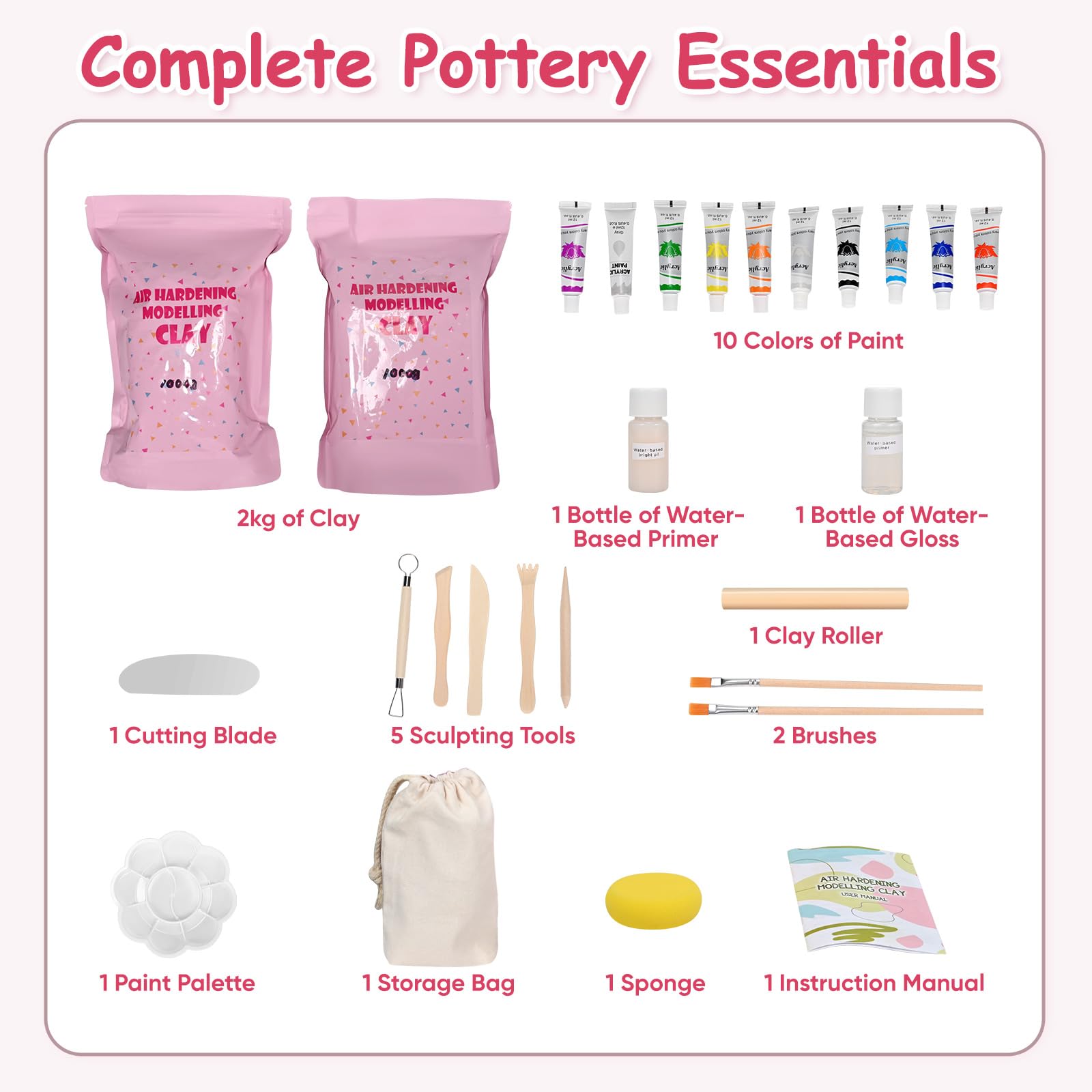 WildFun Kit de poterie pour la maison [incl. 2 kg d'argile] - 24 pièces de kit de bricolage pour la poterie pour adultes incl. jeu d'outils, couleurs & tampons - sèche à l'air, ne brûle pas
