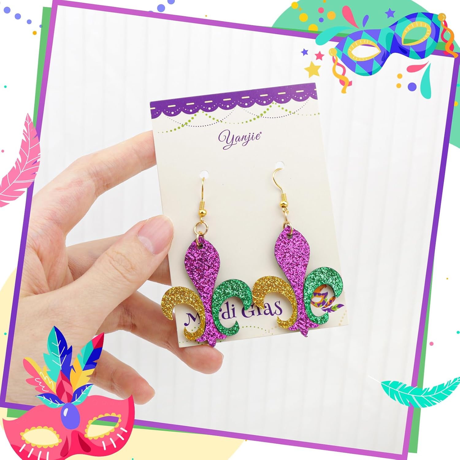YanJie 2Pcs Mardi Gras Earrings for Women Glitter Carnival Earring Purple Fleur de lis Parade Accessories for Women Party Crown Outfits - Image 7