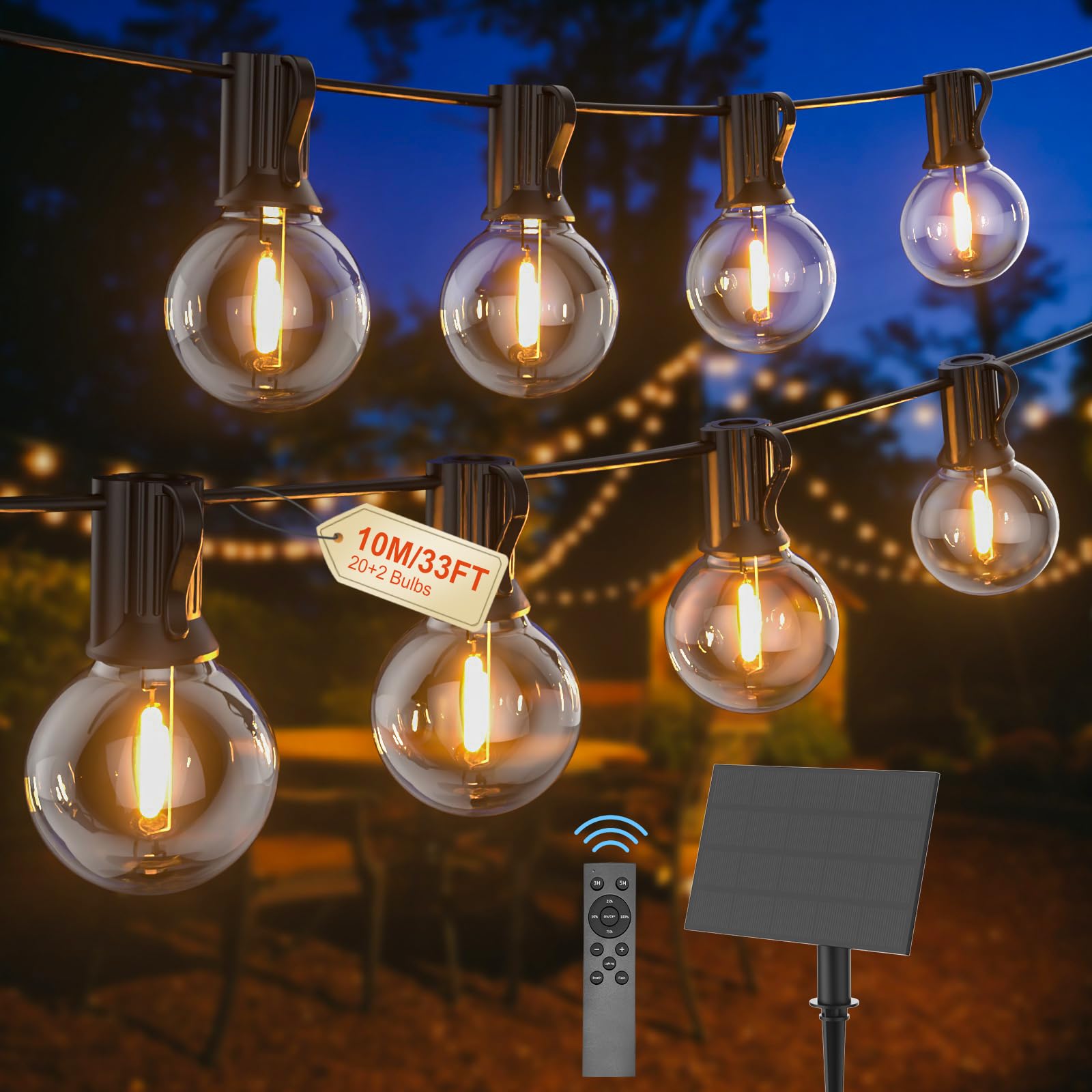 Pogestrand Outdoor Solar Garden String Lights G40 10M USB or Solar Dual Charging Festoon Lights 24V with Remote Control Dimmable Timer 20 Shatterproof Bulbs Waterproof Outside Lighting for Garden