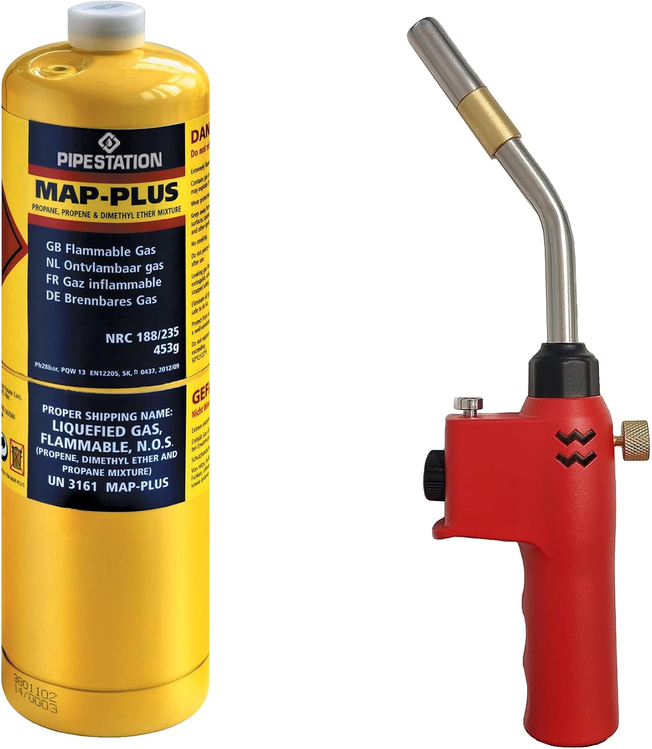 Pipestation PT9000 Blow Torch Kit and 1x Mapp+ Gas Cylinder | Blowtorch & Map Gas Canister | Map Pro Canisters for Soldering Brazing Thawing Heat Treatment | Gas Blow Torch Plus Gas Map+ Gas Included