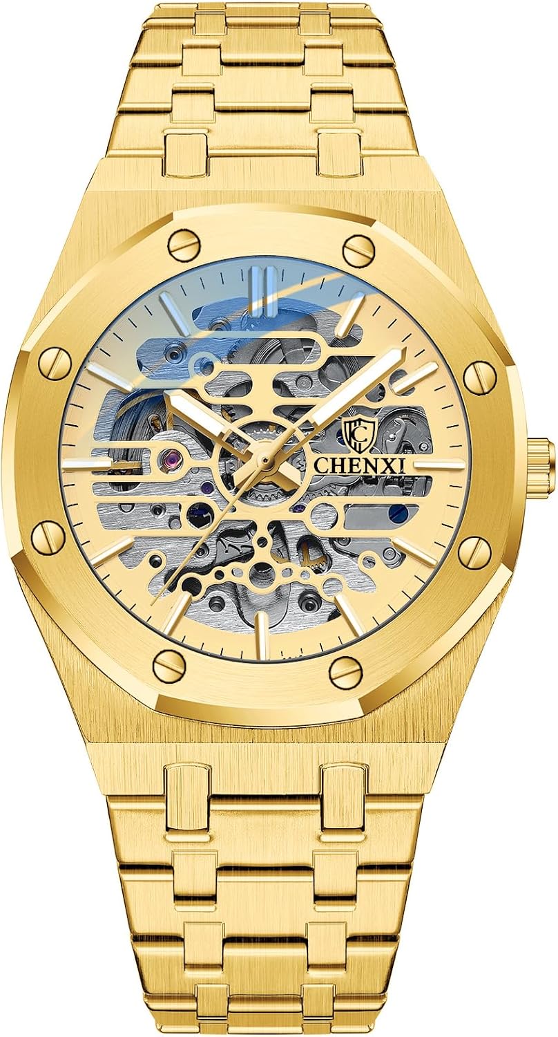 Verhux Automatic Watches for Mens Gold Skeleton Luxury Mechanical Classic Original Stainless Steel Waterproof Wrist Watches Black Silver Tone