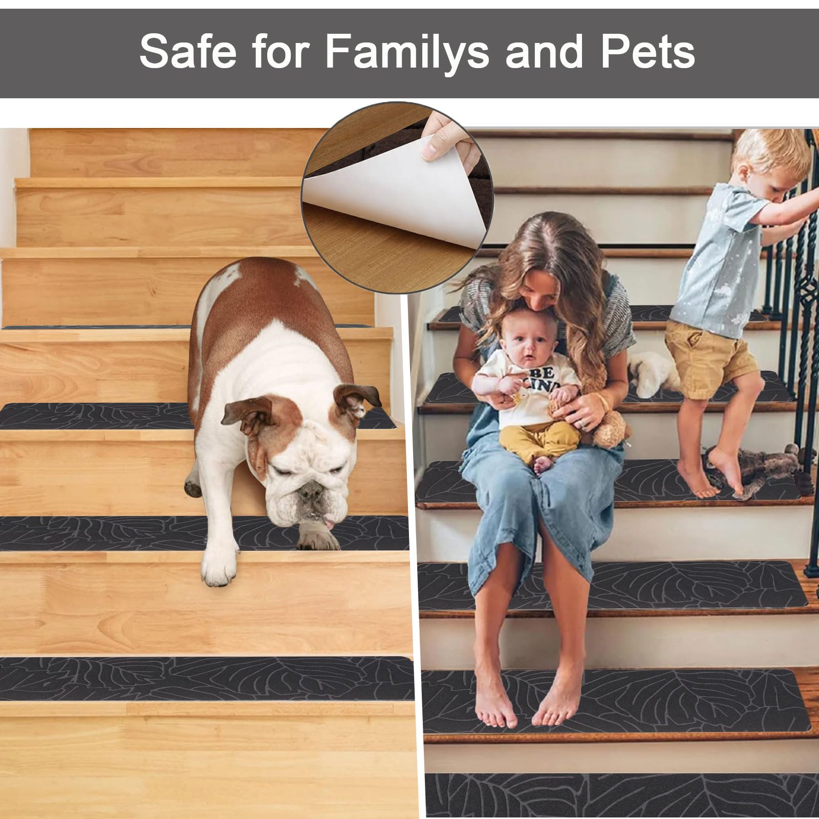15PCS Alfombra Antideslizante para escaleras, Interior Alfombrillas de Escalera para Peldaños Autoadhesiva Amortigua Sonidos Protección, Pisadas Antideslizantes para Niños, Ancianos, Animales 76x20cm