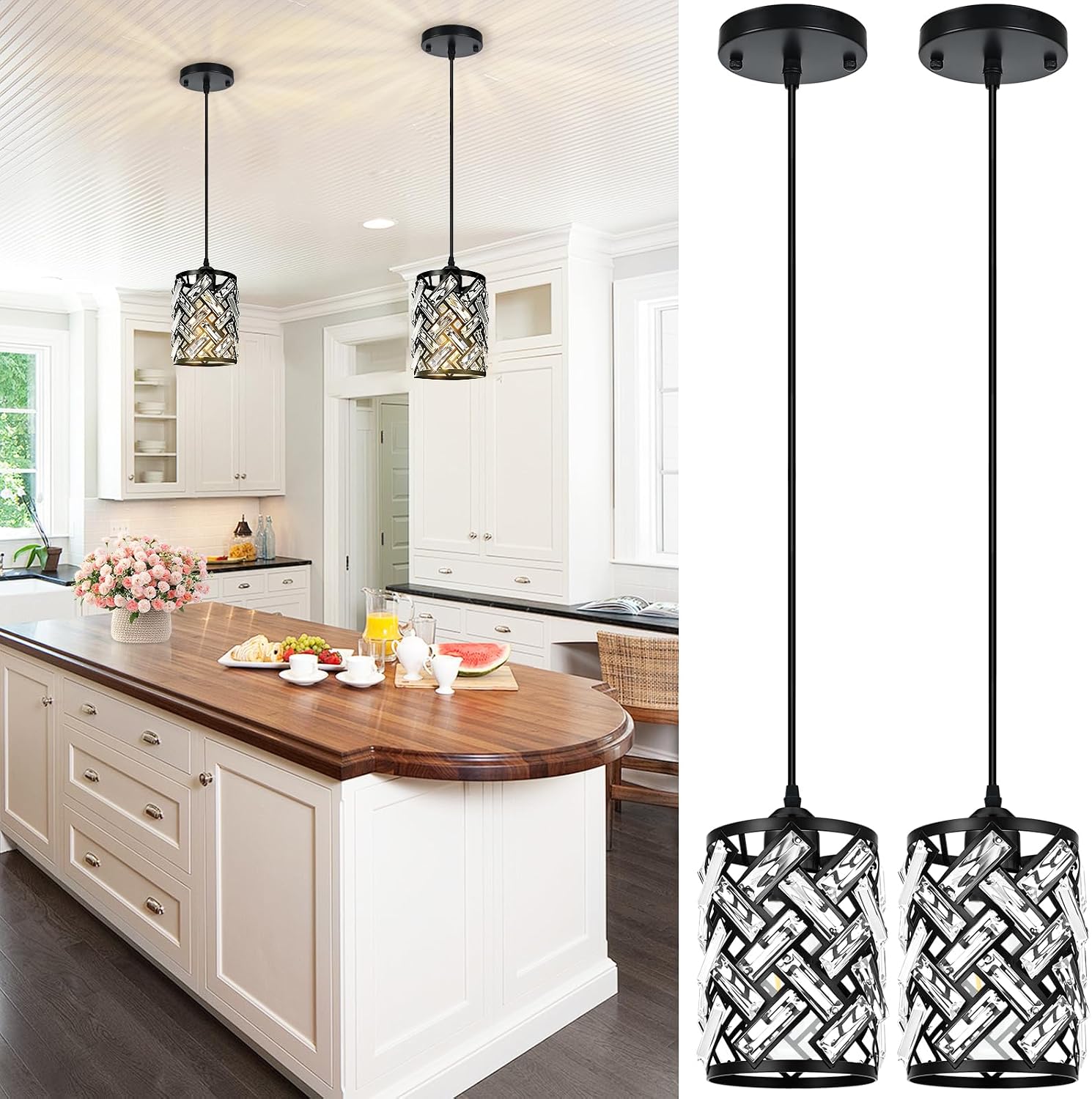 2 Pack Black Pendant Lights Kitchen Island 7.8" Crystal Pendant Light Modern Island Lights for Kitchen Island, Dinning Room, Bedroom
