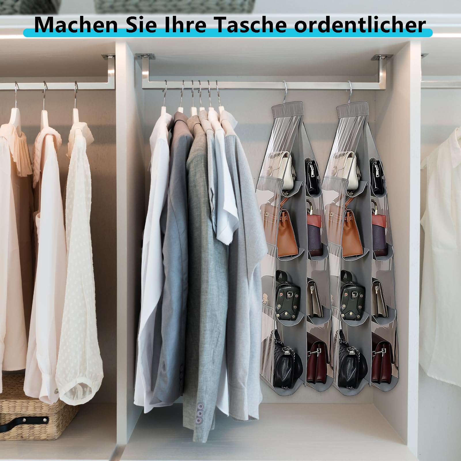 Handtaschen Aufbewahrung, 2 Stück Hanging Handbag, Kleiderschrank Organizer, Organizer Hängend mit 8 Durchsichtigen Kunststofffächern, Taschen aufbewahrung für Familienschrank Schlafzimmer (Weiß) Küche, Haushalt & Wohnen