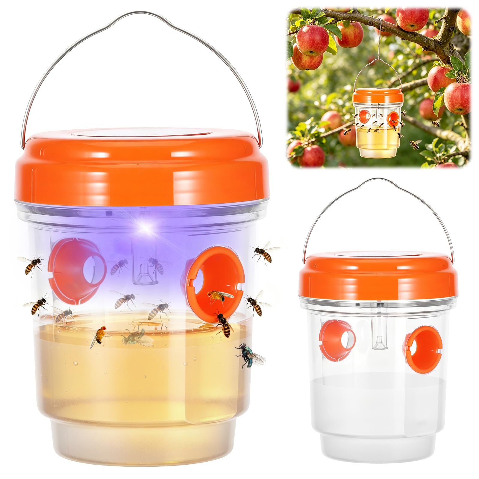 Wasp Trap, 2 Pack Wasp Nest Killer for Outdoor Hanging, Reusable Waterproof with LED Light Effective Solar Powered, Hornet and Bee Flying Insect Traps for Garden, Patio, Yard, Camping(Orange)