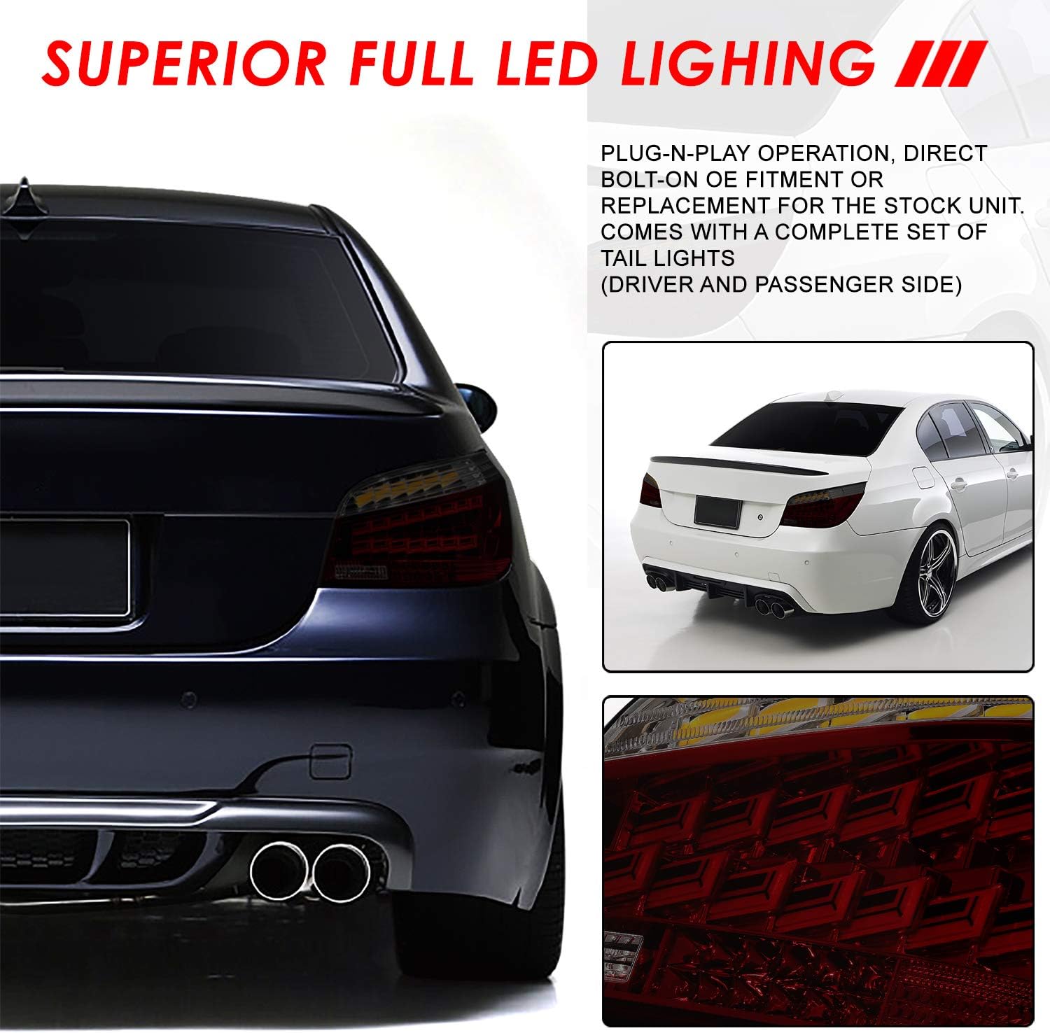 Auto Dynasty Rear Tail Light Compatible with 2004-2007 BMW E60 525 530 545 550, Driver and Passenger Side OLED Sequential Brake Lamp, Smoked Lens