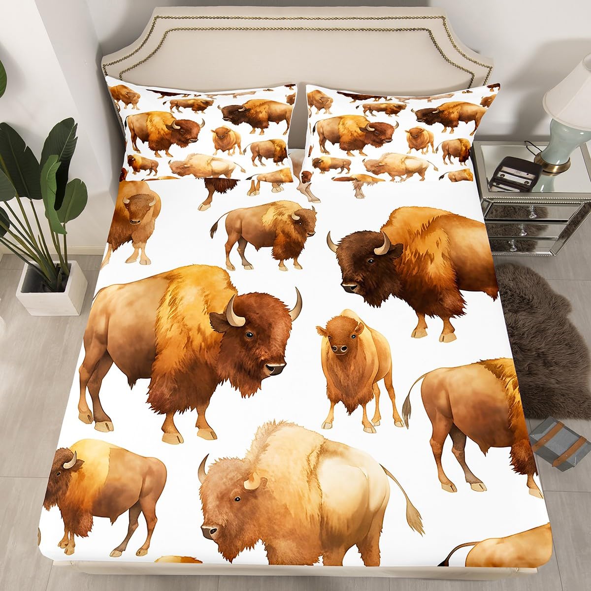 Homemissing Uroczy zestaw pościeli z bawołem King Size Wild American Bison prześcieradła z głęboką kieszenią dopasowane prześcieradło dla dorosłych 3D dzikie zwierzęta dzika przyroda stado zestaw