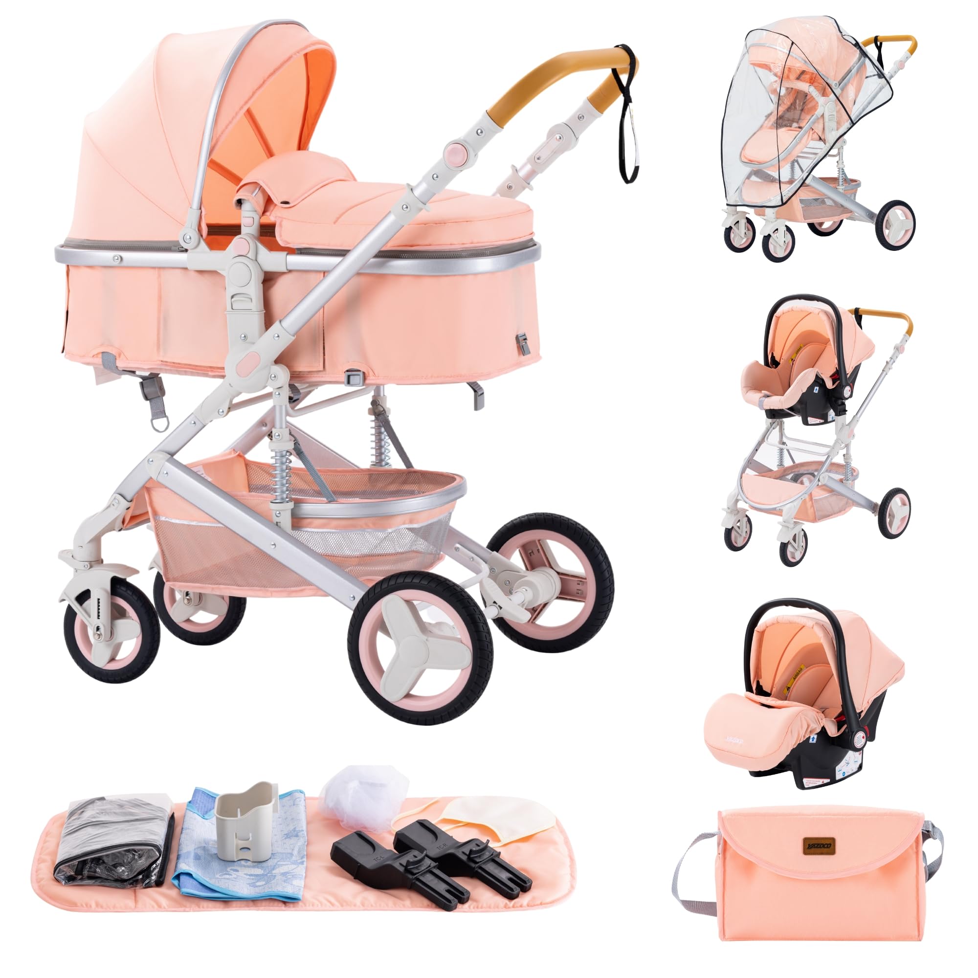 ALYIKOU 3-in-1 Prams Travel System, Shock Absorption Baby pram,0-4 Years, Up to 22 kg, Foldable, Compact and Reclining Baby Pushchair, with Nursery Bag, Black (530 Pink)
