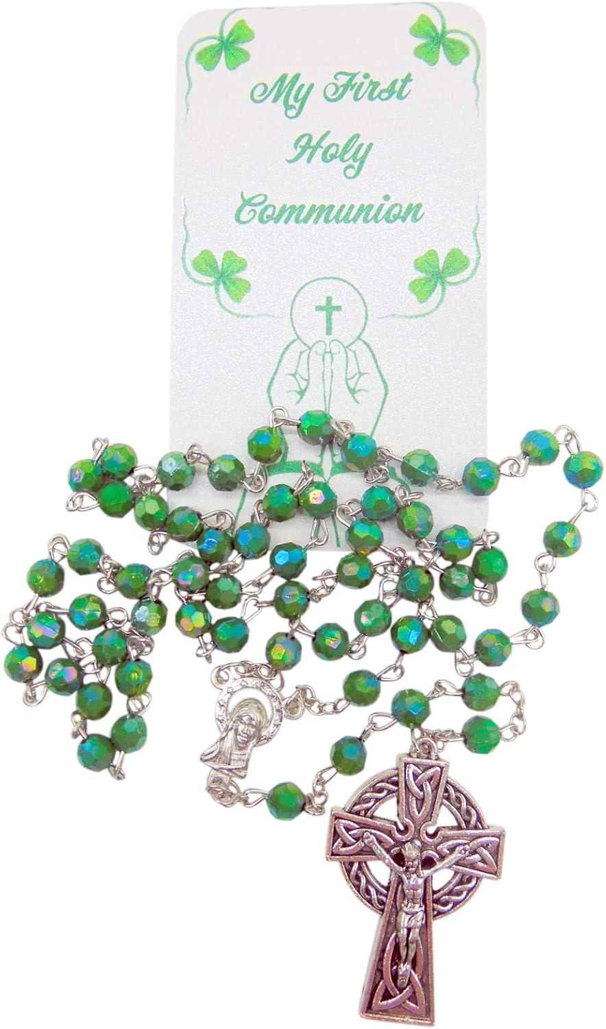 Westmon Works First Communion Rosary Irish Edition Set with Green Ireland Beads Metal Celtic Crucifix Holy Card and Carry Bag - Image 5