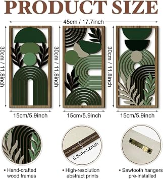 Xiciki 3PCS Green Boho Wall Art, Wooden Boho Wall Art Set Geometric Botanical Wall Hanging, Lightweight Hollow Wooden Wall Decor for Living Room Bedroom Hallway Modern Farmhouse Home Decor