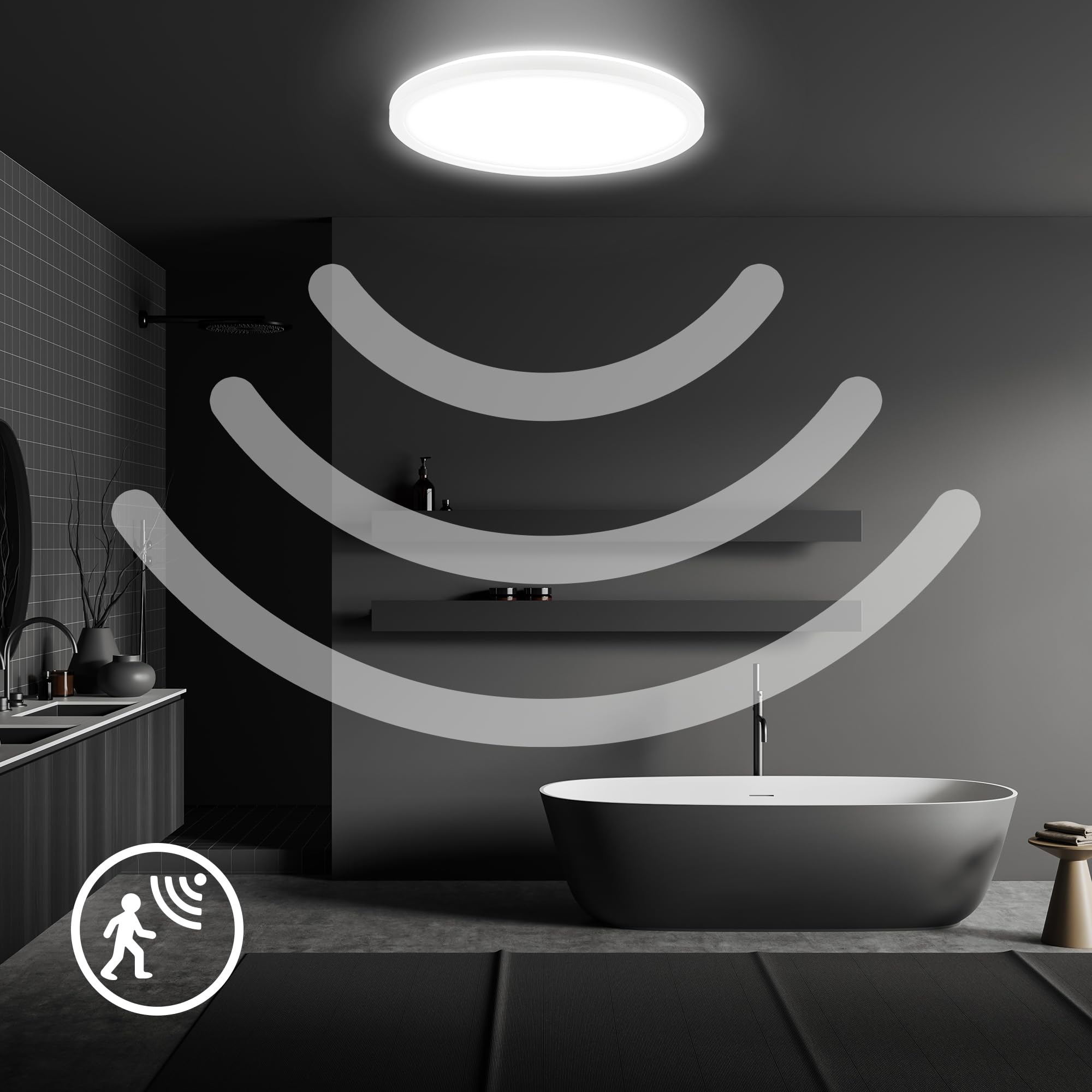 B.K.Licht - Plafoniera a LED con sensore di movimento, piatta, protezione dagli spruzzi d'acqua IP44, plafoniera a LED, pannello LED, lampada da bagno, cucina, lampada per ambienti umidi, 24 x 3 cm