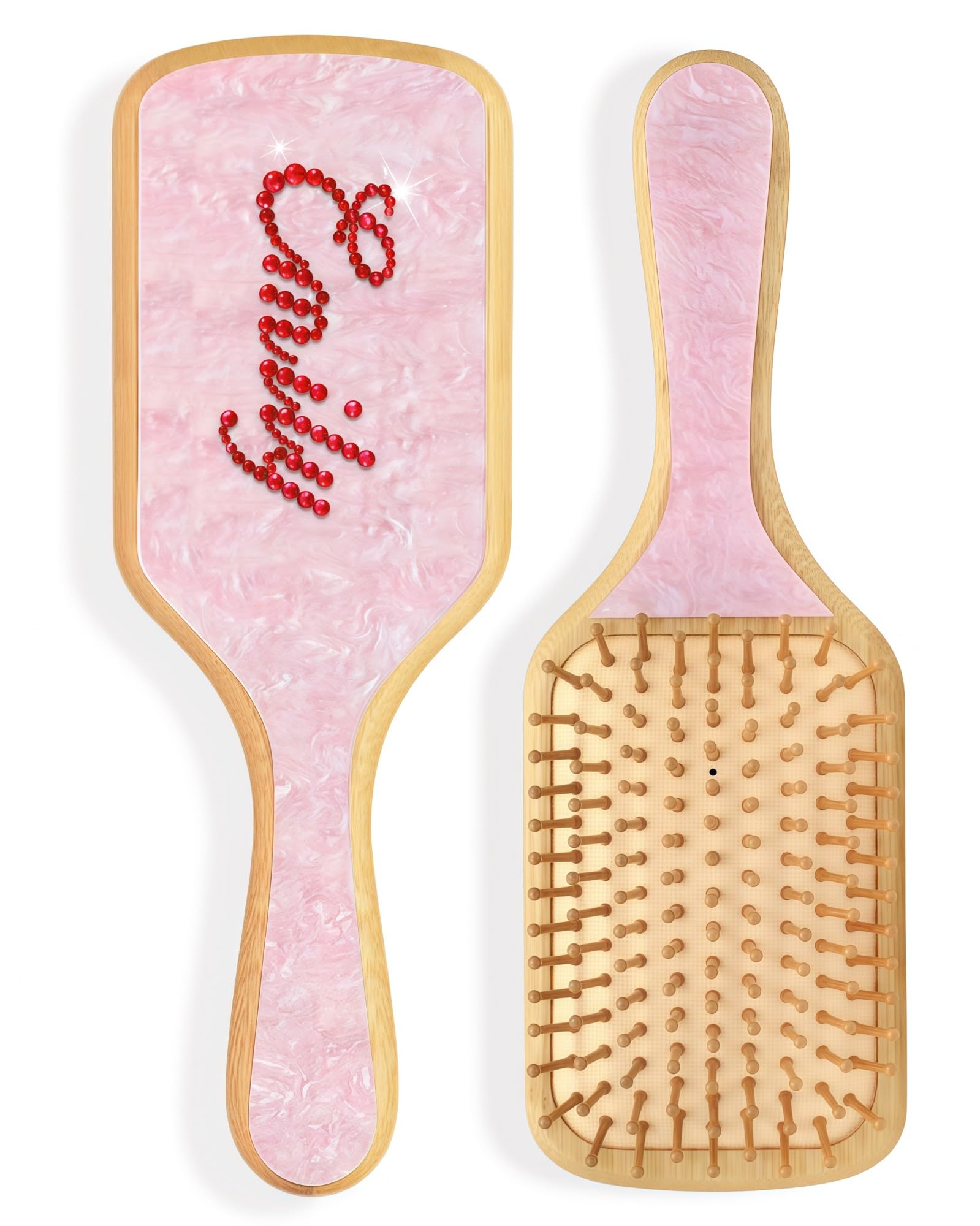 Personalized Rhinestone Hair Brush with Name - Custom Bling Hairbrush for Women & Girls, Handmade Marble Bamboo Wood Brush for Scalp Massage,
