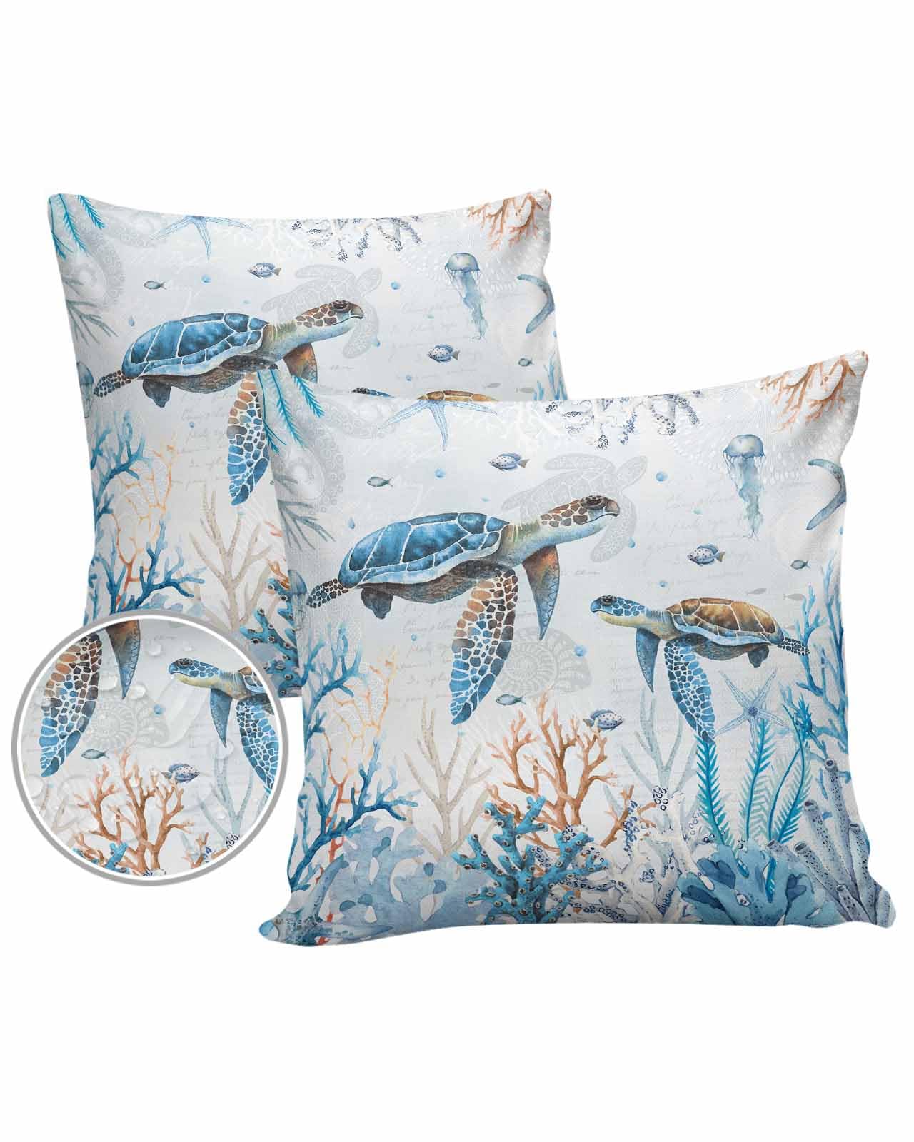 Boanket Outdoor Pillow Covers 16 x 16 in, Blue Sea Turtle Waterproof Throw Pillow Cover Set of 2, Nautical Coral Summer Beach Coastal Home Decorative Square Cushion Covers for Patio/Tent/Couch/Garden