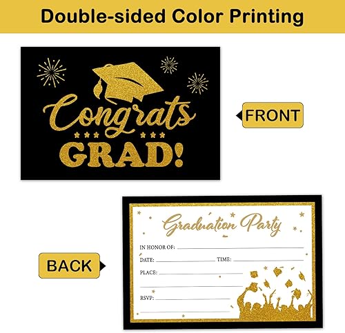 Miniatura 2 de REWIDPARTY Invitaciones de fiesta de graduación con sobres y calcomanías (juego de 15) tarjetas de felicitación de graduación negras y doradas,