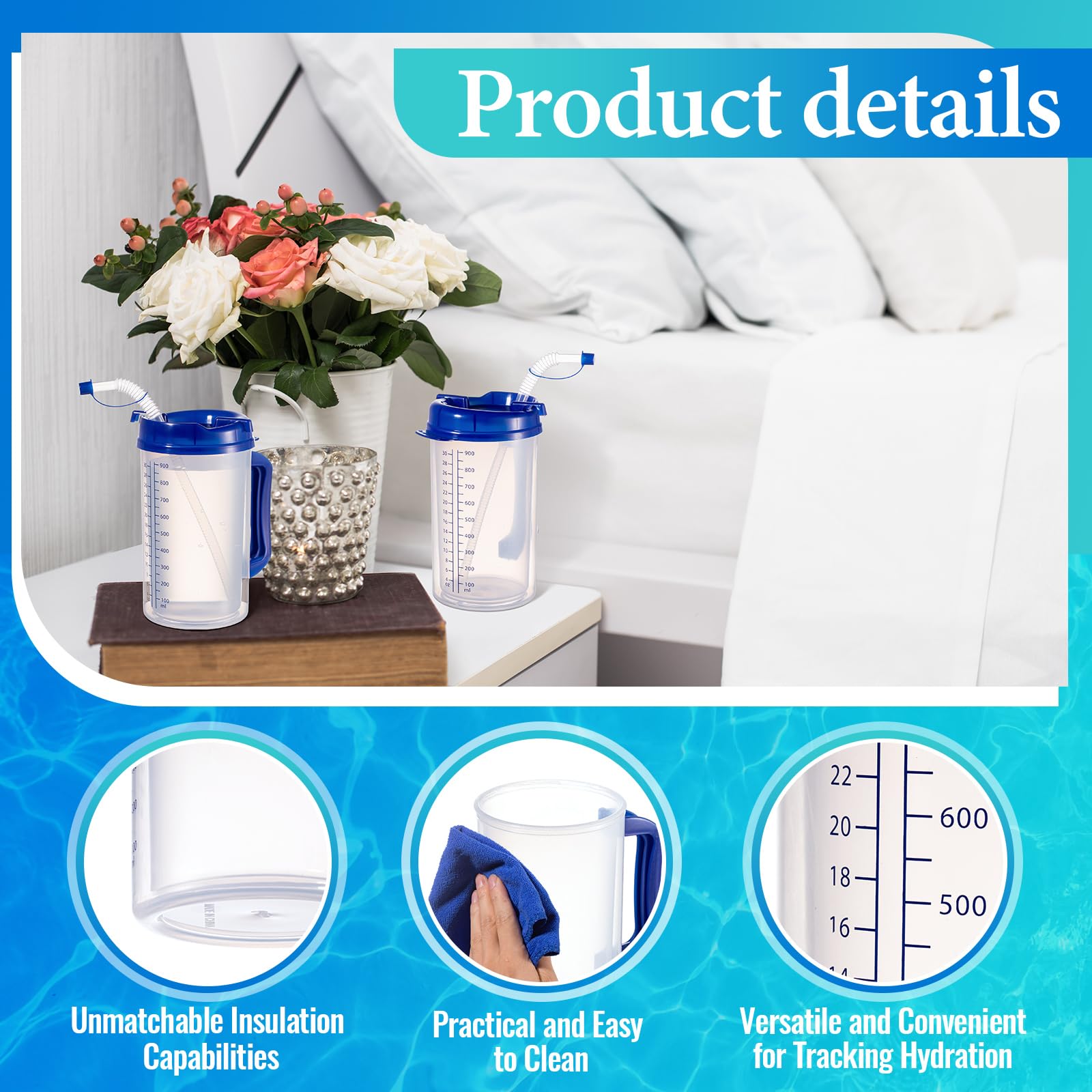 Plum Hill 32 Ounce Hospital Cup | Insulated Water Bottle With Lid & Straw | Measurement Markings Teal