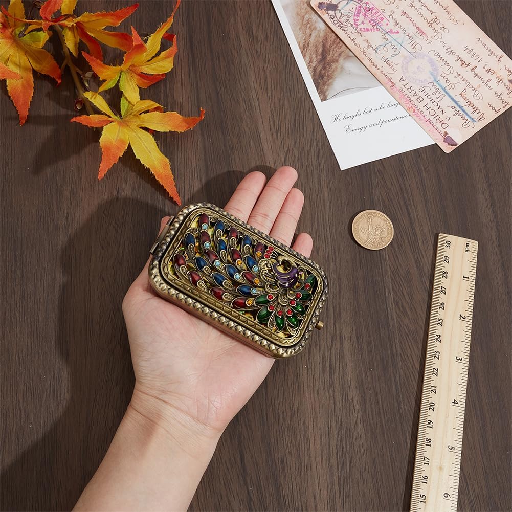 Vintage Foldable Makeup Mirror Mini Vintage Pocket Mirror Retro Peacock Pattern Double Sided Compact with Normal and Magnifying Glass Touch up Essential Mini Vanity for Women Travel Makeup image 3