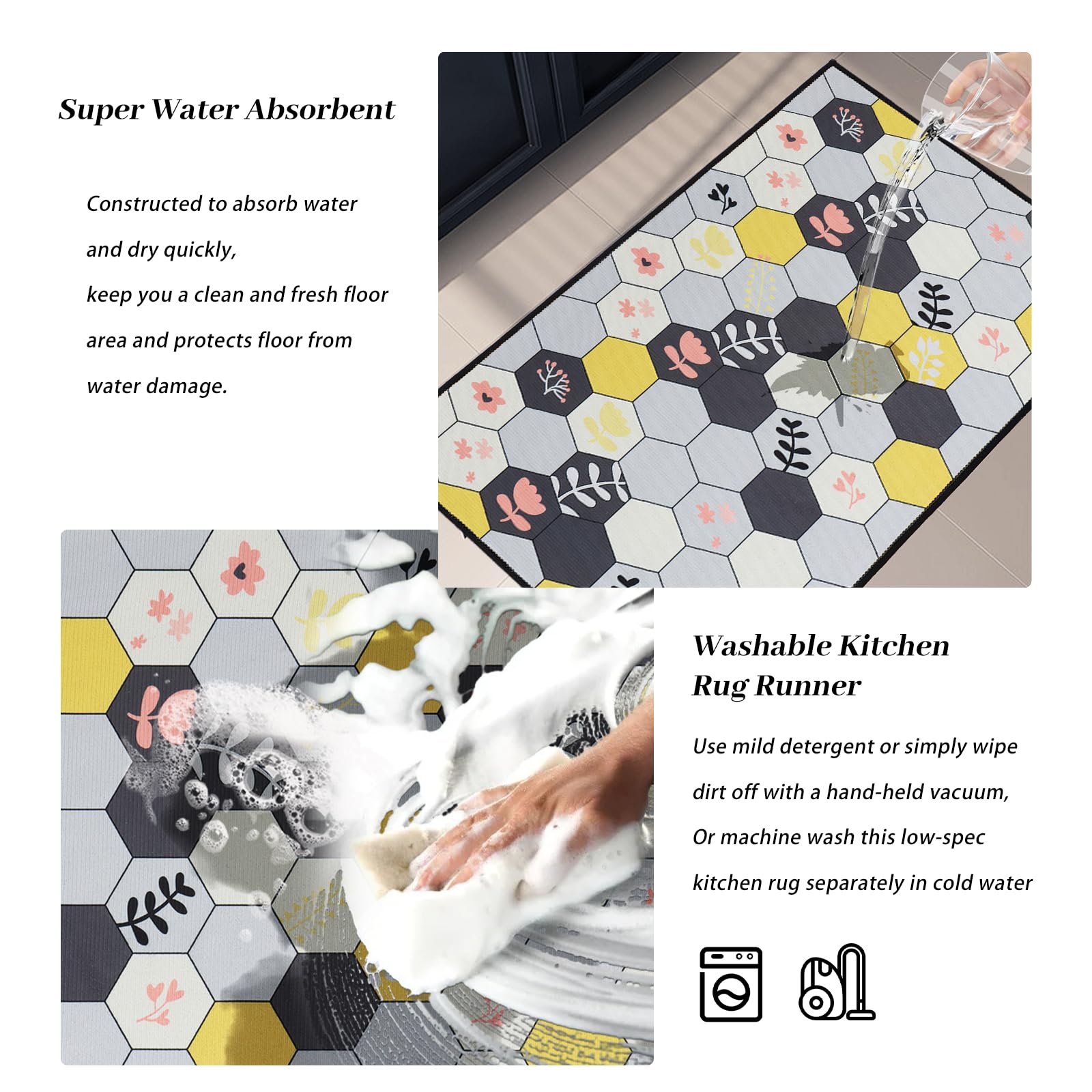 Tapis de Cuisine en Silicone Antidérapant Set de 2 Pièces 40x60cm + 40x120cm