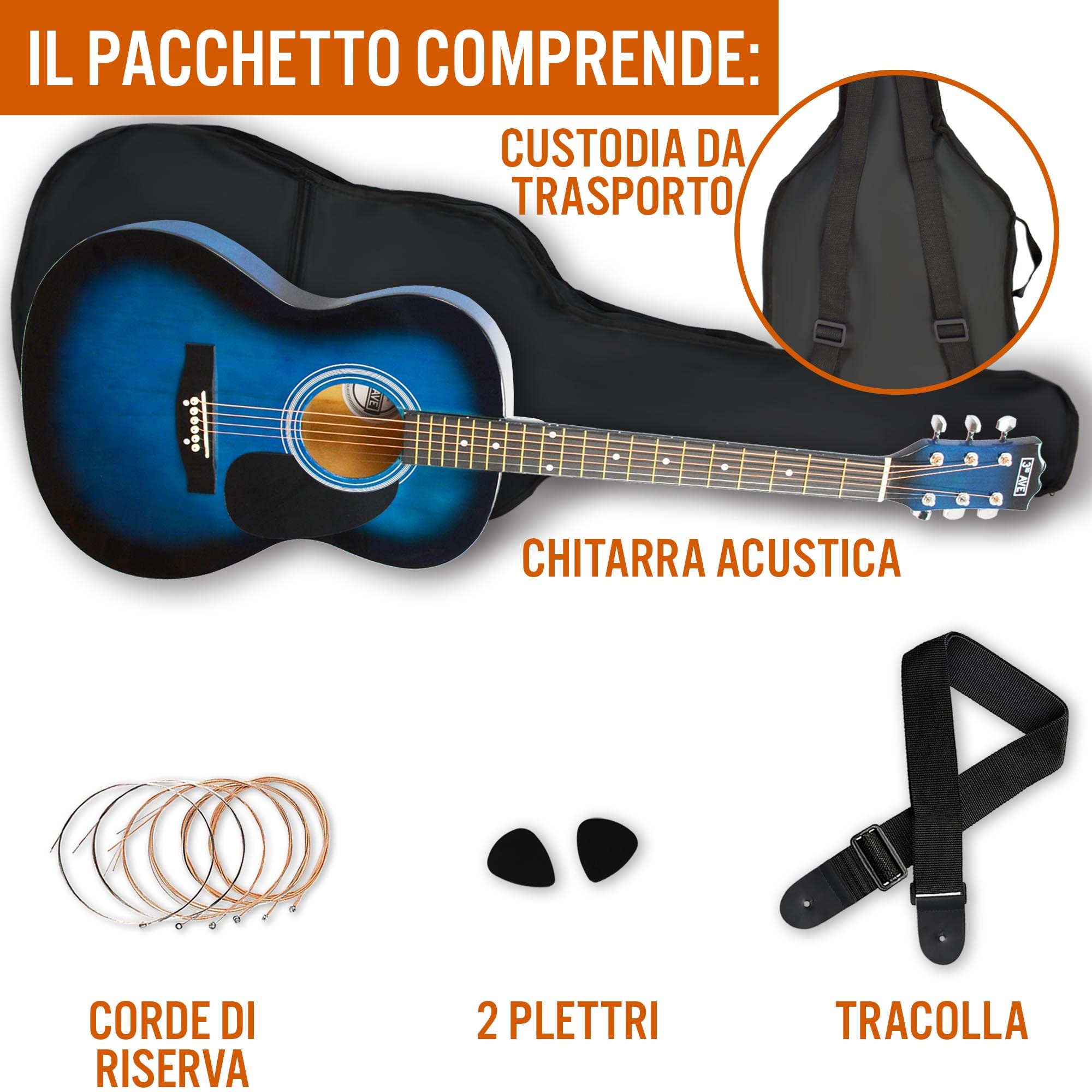 3rd Avenue Chitarra Acustica 4/4 Beginner, Corde Acciaio, Custodia, Plettri, Corde di Riserva – Blu