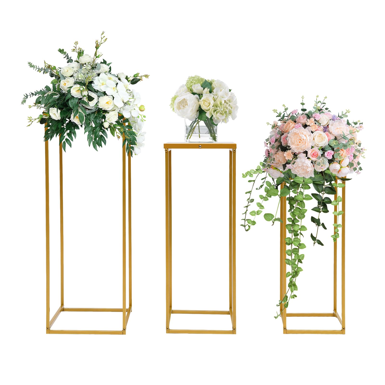 HUSPOO 3PCS Flower Vases Fit Wedding Centerpiece, Metal Table Centrepiece Decoration, Clear Rectangular Column Flower Stand, Cylinder Base for Party, Wedding, for Living Room & Patio (Gold)